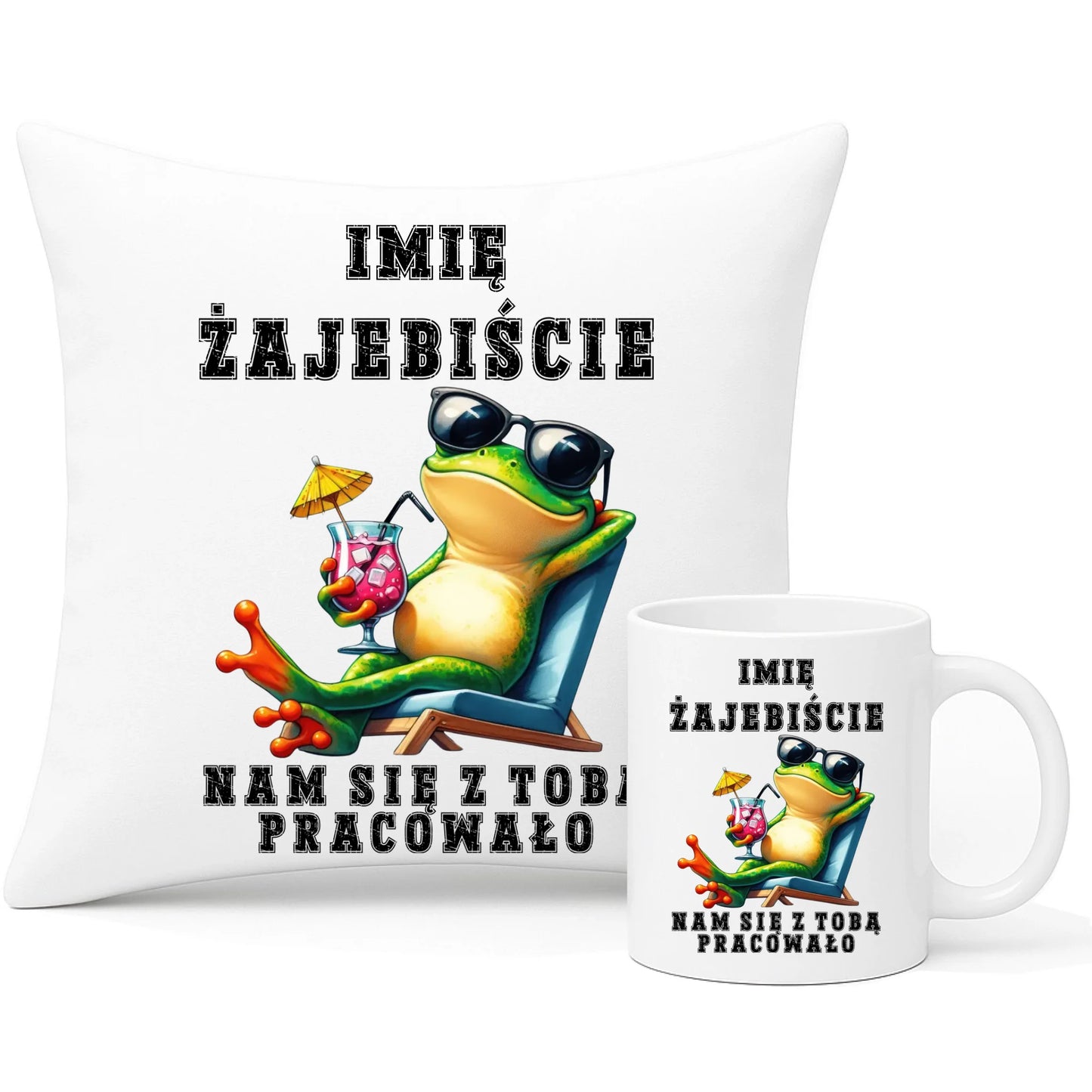 Zestaw poduszka i kubek na odejście z pracy - Żajebiście nam się z Tobą pracowało - personalizowany OP09 - StoryCups.pl