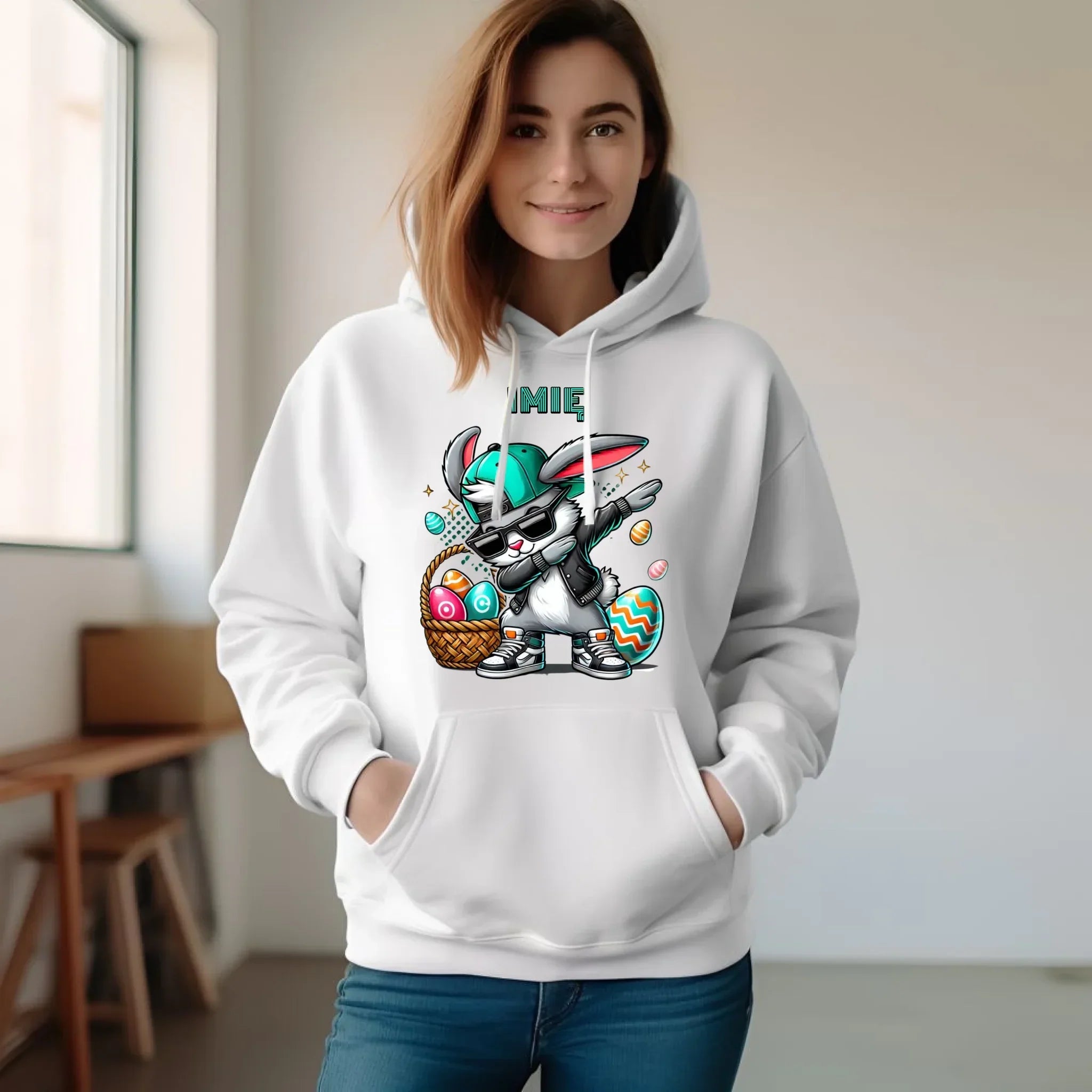Bluza damska z kapturem wielkanocna - Zajączek Dab dance - personalizowana WN09 - StoryCups.pl