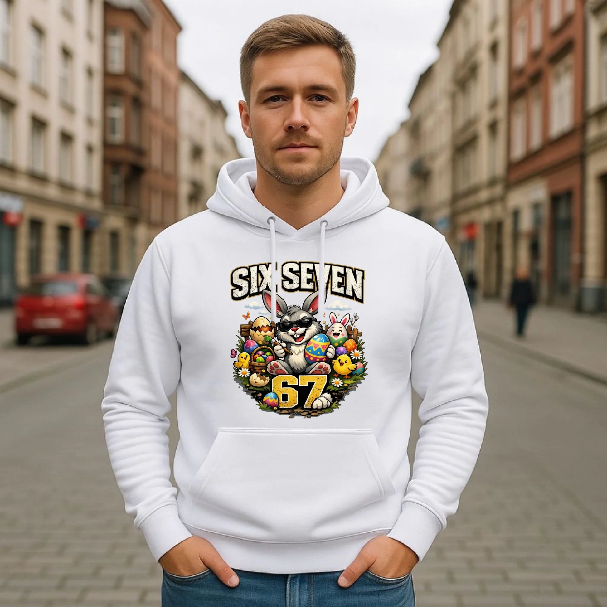 Bluza męska z kapturem wielkanocna - Zając Six Seven 67 WN10 - StoryCups.pl