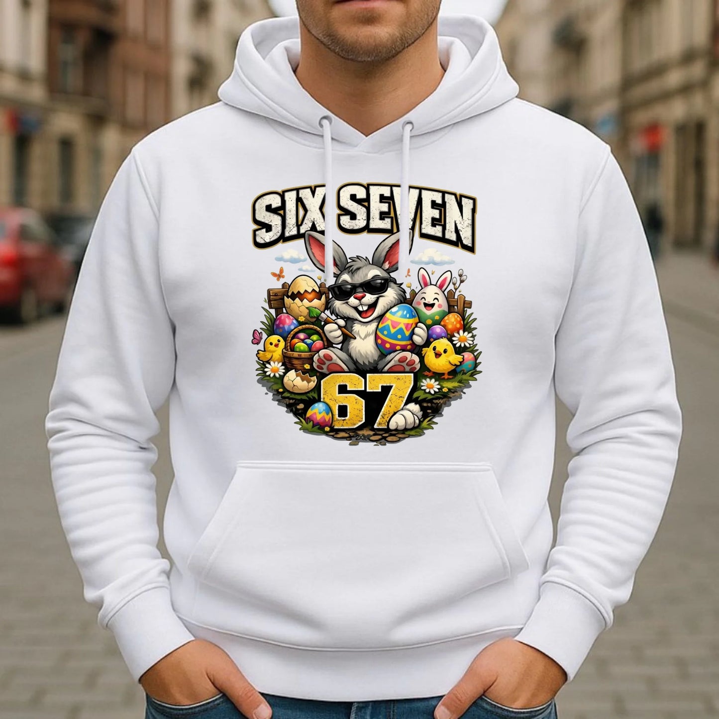 Bluza męska z kapturem wielkanocna - Zając Six Seven 67 WN10 - StoryCups.pl