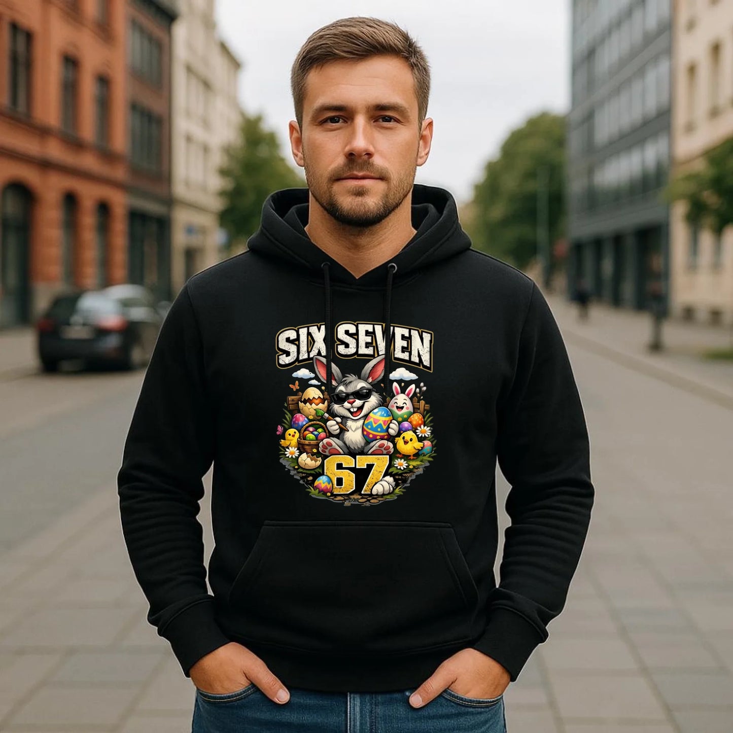 Bluza męska z kapturem wielkanocna - Zając Six Seven 67 WN10 - StoryCups.pl