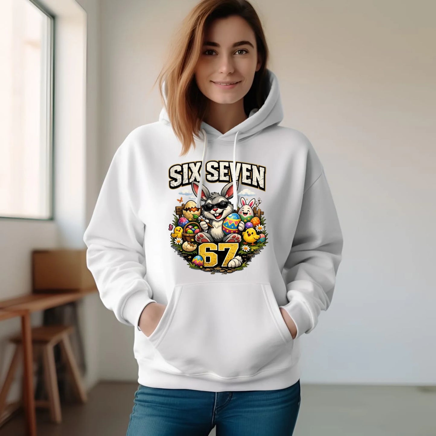 Bluza damska z kapturem wielkanocna - Zając Six Seven 67 WN10 - StoryCups.pl