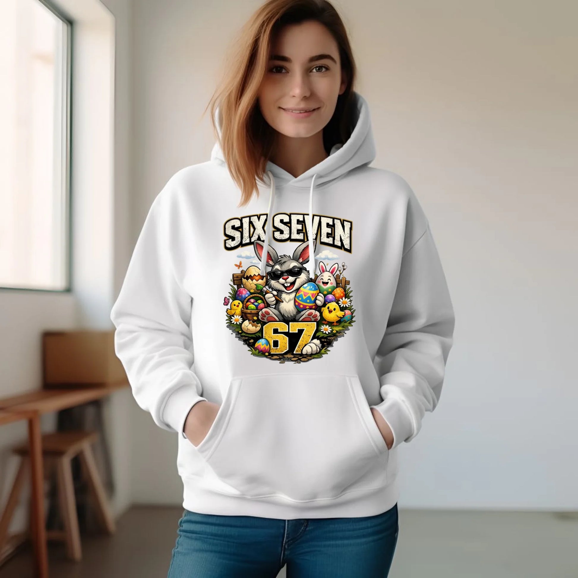 Bluza damska z kapturem wielkanocna - Zając Six Seven 67 WN10 - StoryCups.pl