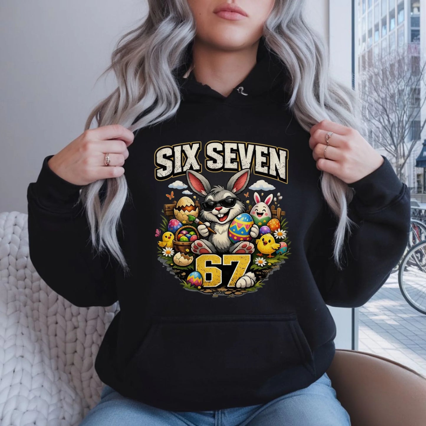 Bluza damska z kapturem wielkanocna - Zając Six Seven 67 WN10 - StoryCups.pl