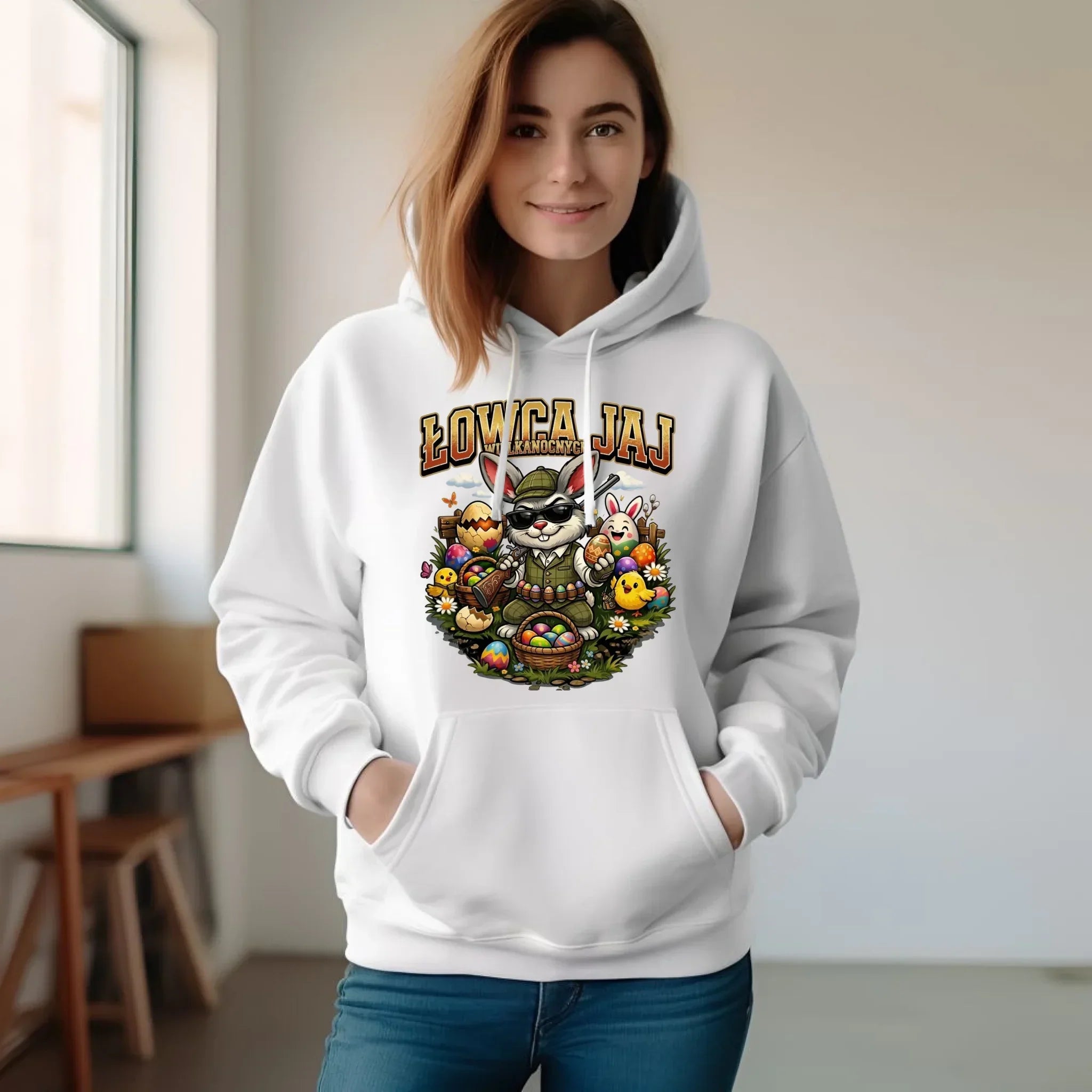 Bluza damska z kapturem wielkanocna - Zając Łowca Jaj WN12 - StoryCups.pl