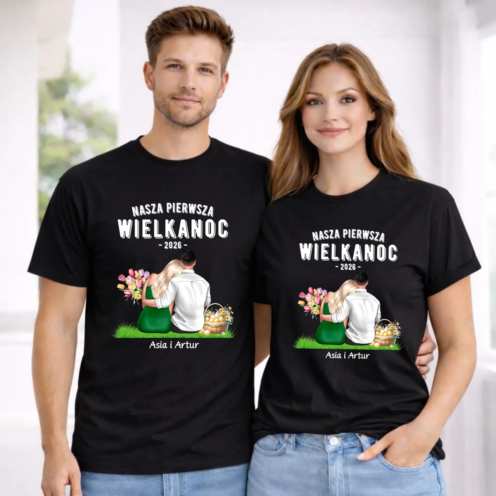 Zestaw koszulek wielkanocnych dla par - Nasza Pierwsza Wielkanoc - personalizowany WN16 - StoryCups.pl