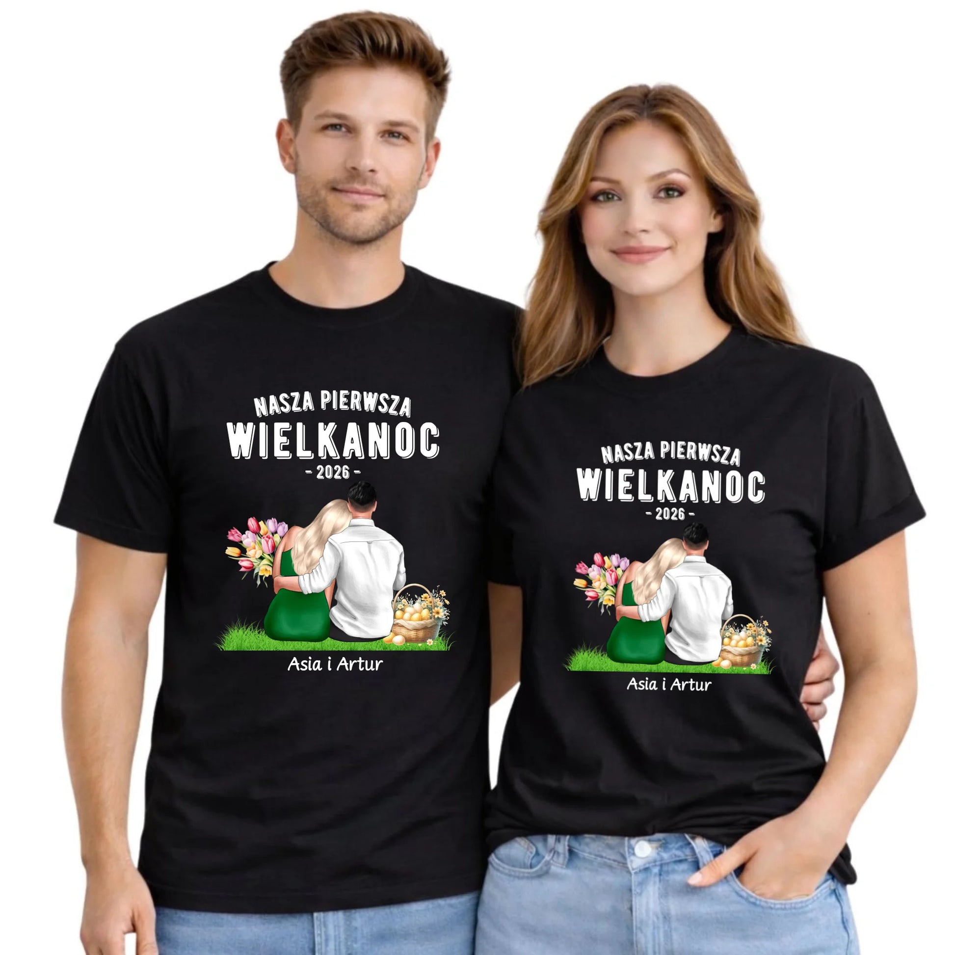 Zestaw koszulek wielkanocnych dla par - Nasza Pierwsza Wielkanoc - personalizowany WN16 - StoryCups.pl