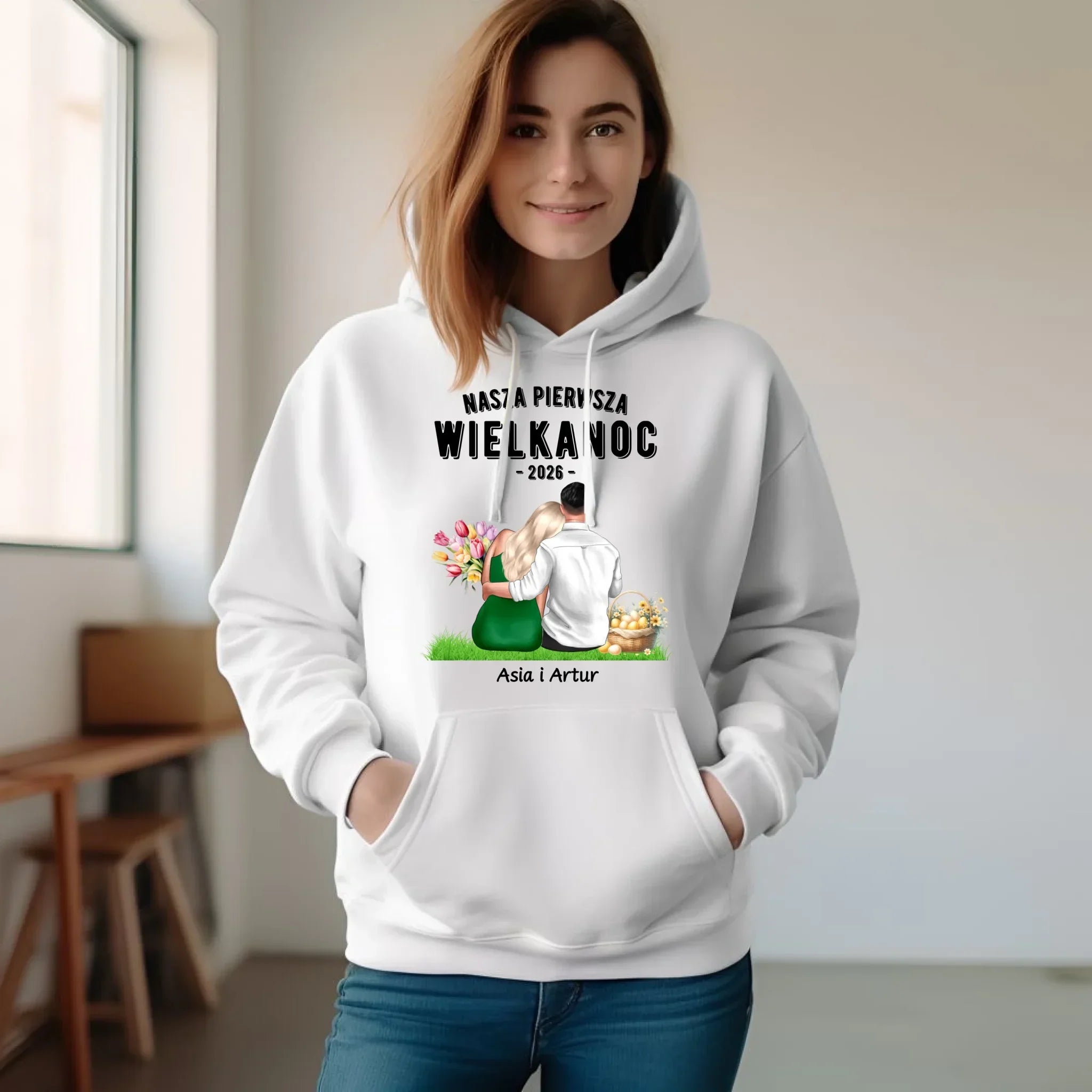 Bluza damska z kapturem wielkanocna dla par - Nasza pierwsza Wielkanoc - personalizowana WN16 - StoryCups.pl