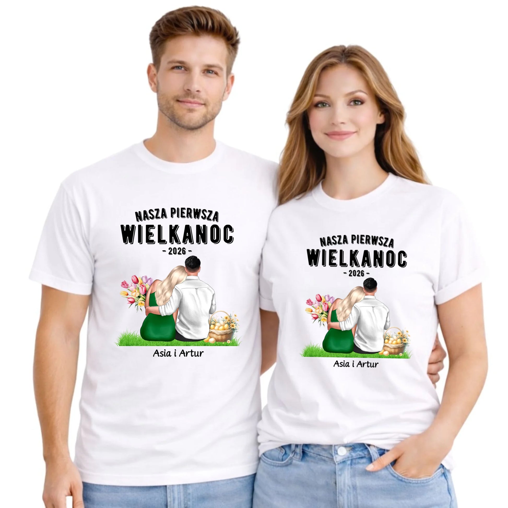 Zestaw koszulek wielkanocnych dla par - Nasza Pierwsza Wielkanoc - personalizowany WN16 - StoryCups.pl