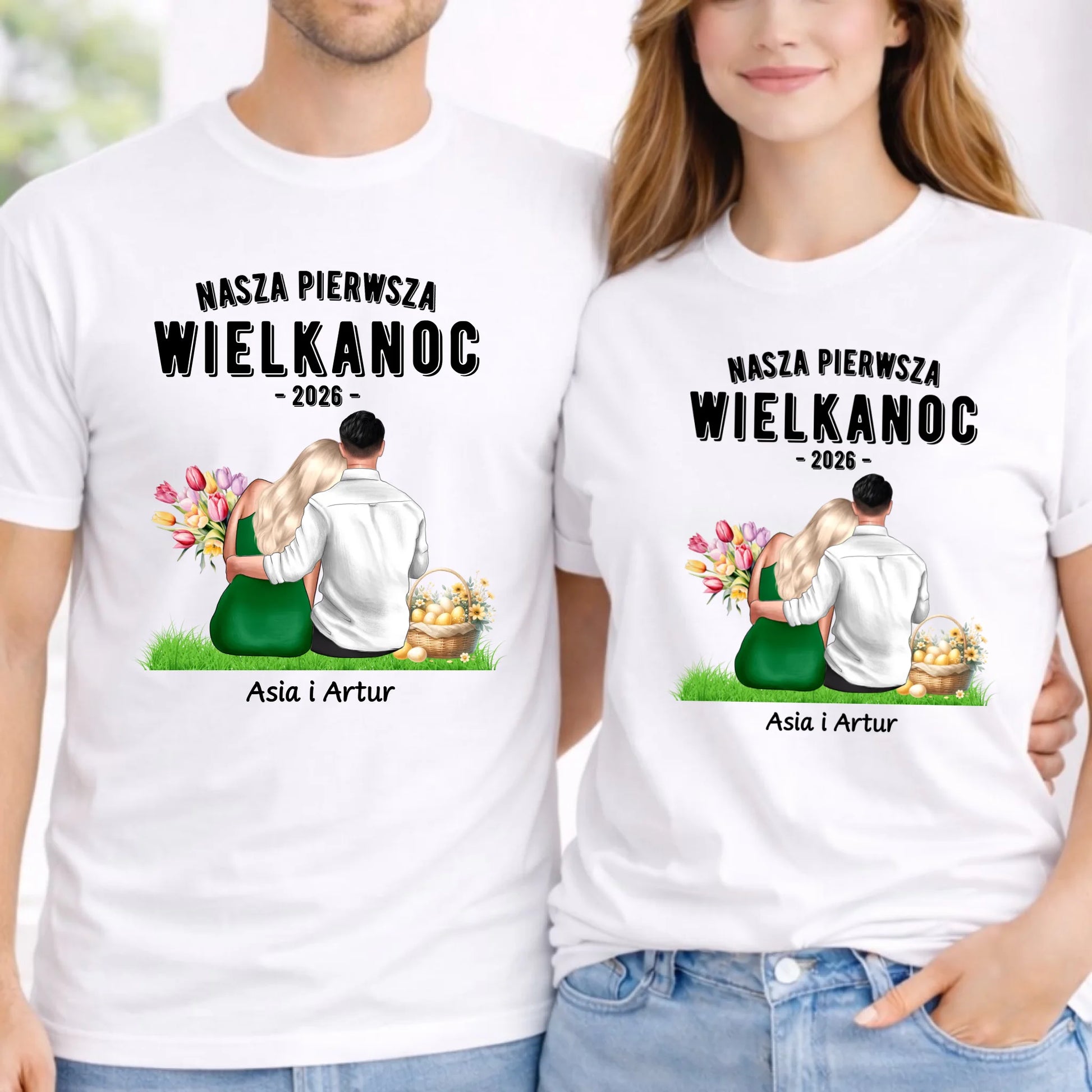 Zestaw koszulek wielkanocnych dla par - Nasza Pierwsza Wielkanoc - personalizowany WN16 - StoryCups.pl
