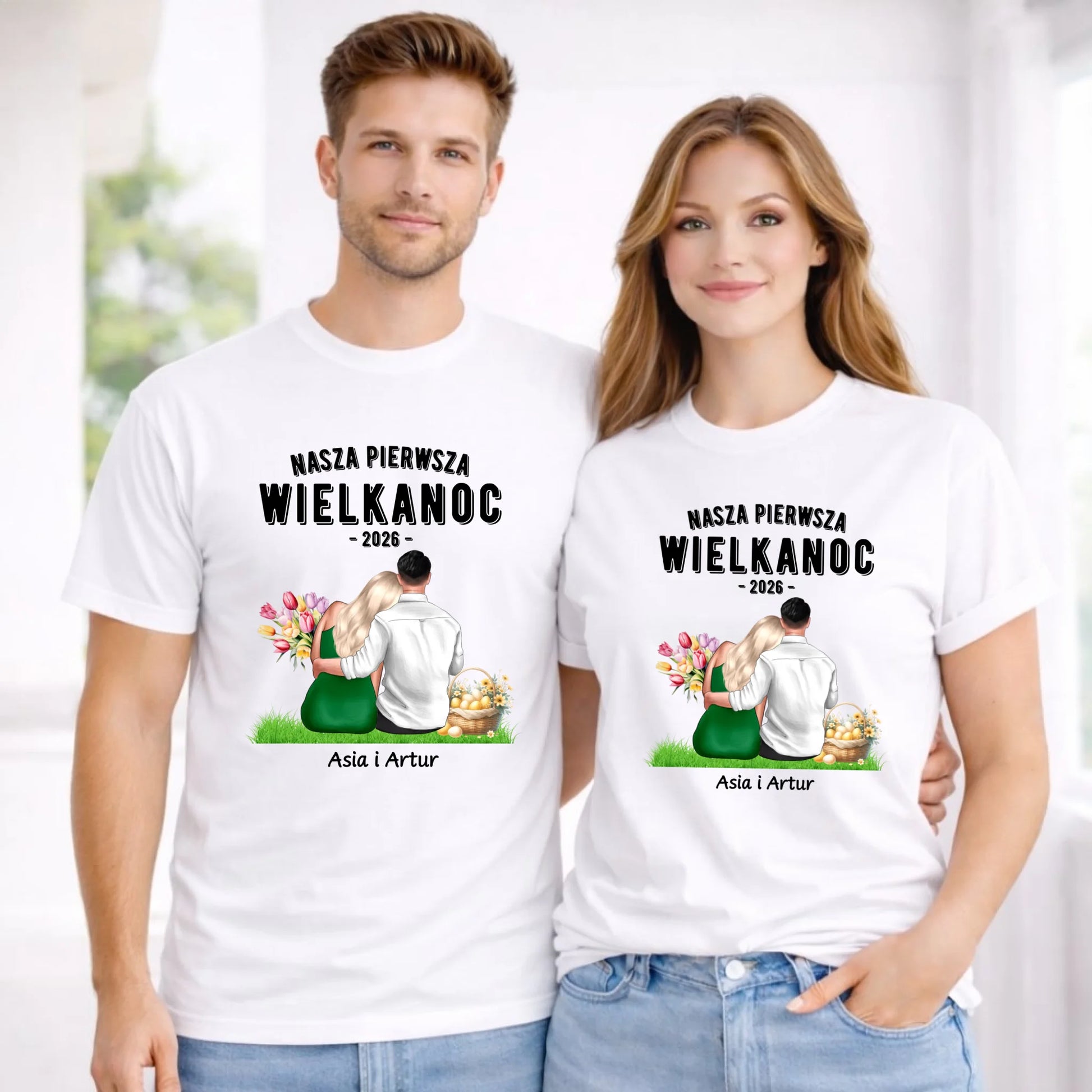 Zestaw koszulek wielkanocnych dla par - Nasza Pierwsza Wielkanoc - personalizowany WN16 - StoryCups.pl