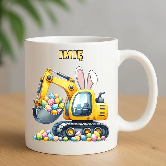 Kubek na Wielkanoc - Koparka z pisankami - personalizowany WN17 - StoryCups.pl