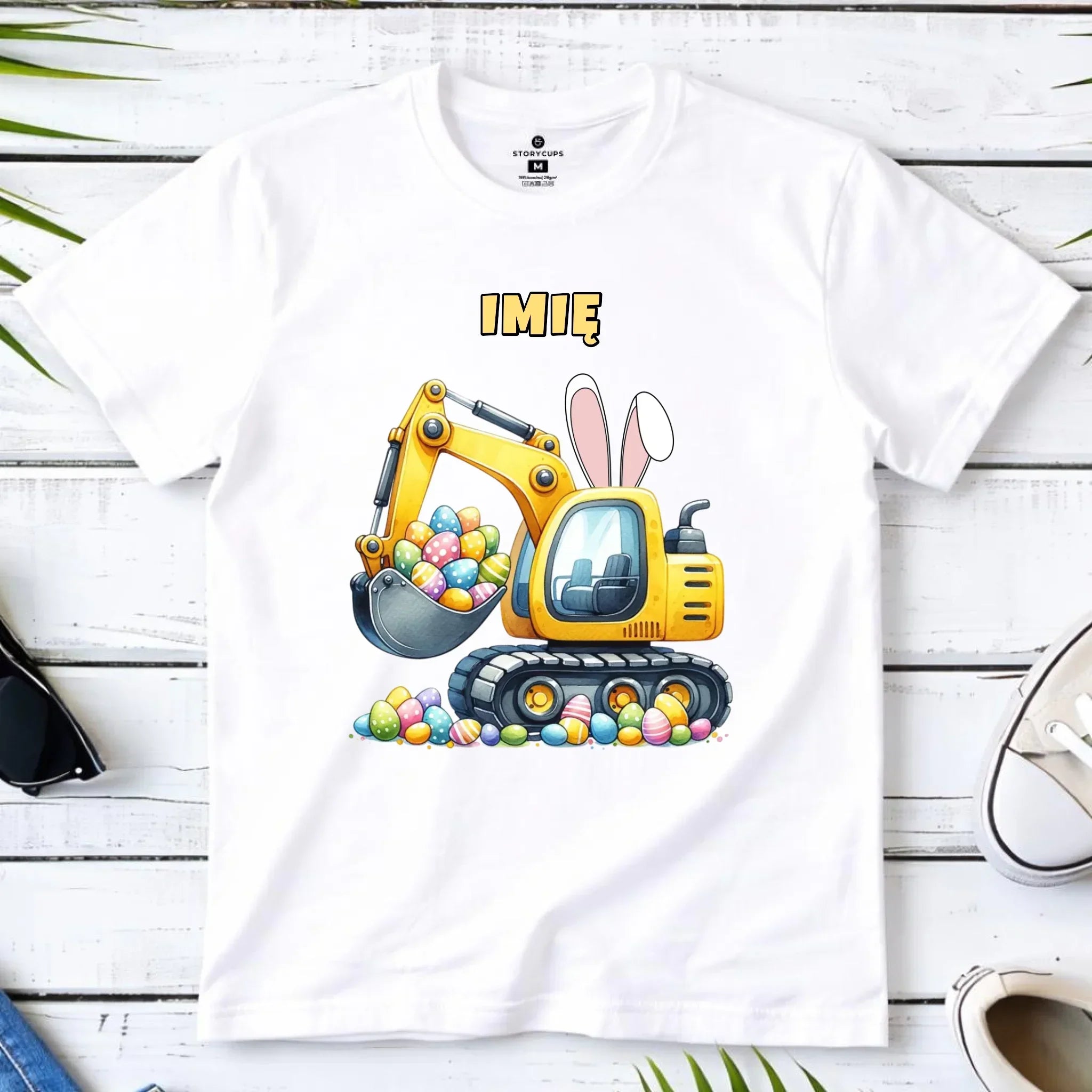 Koszulka dziecięca na Wielkanoc - Koparka z pisankami - personalizowana WN17 - StoryCups.pl