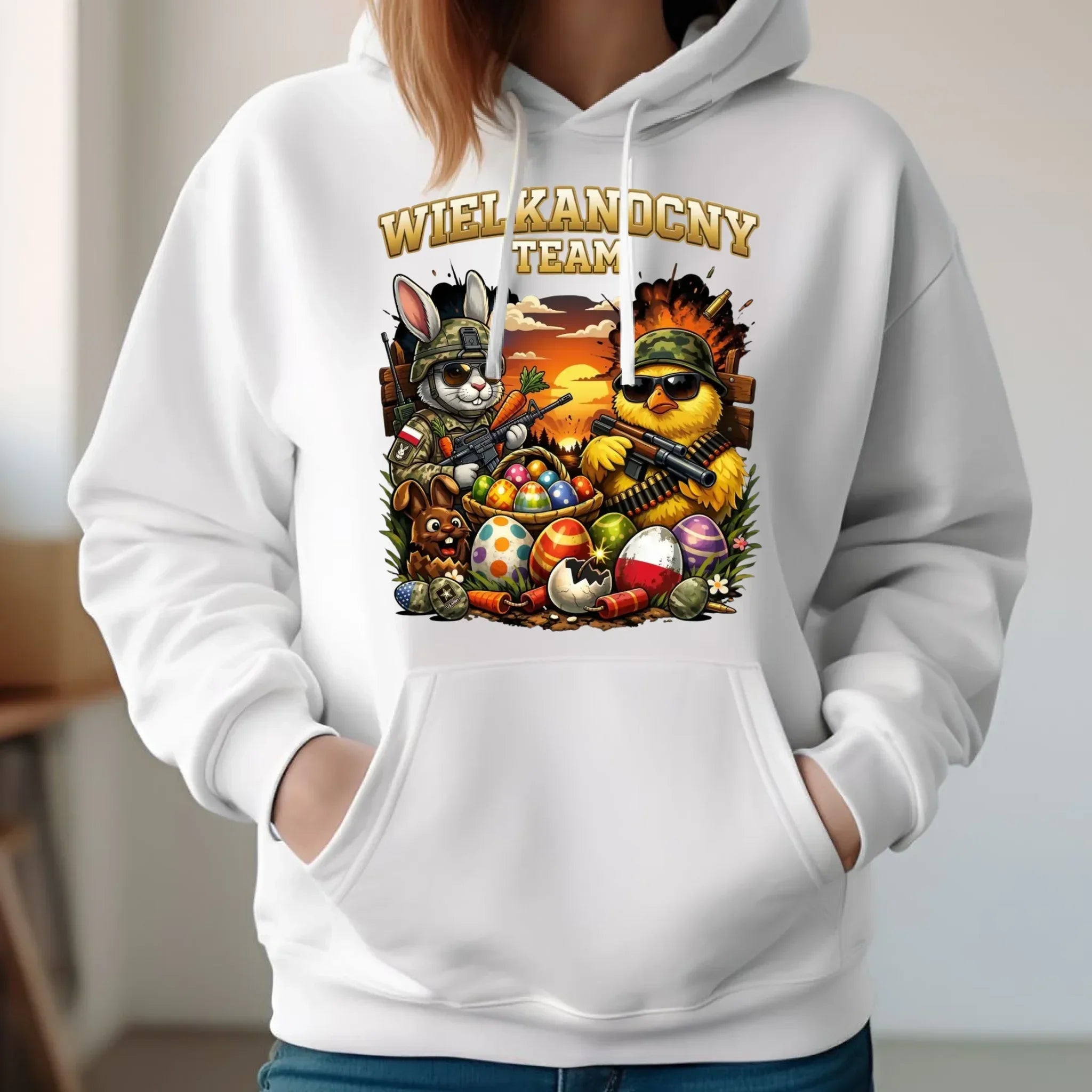 Bluza damska z kapturem na Wielkanoc - Kurczak i zając armia Wielkanocny Team WN37 - StoryCups.pl