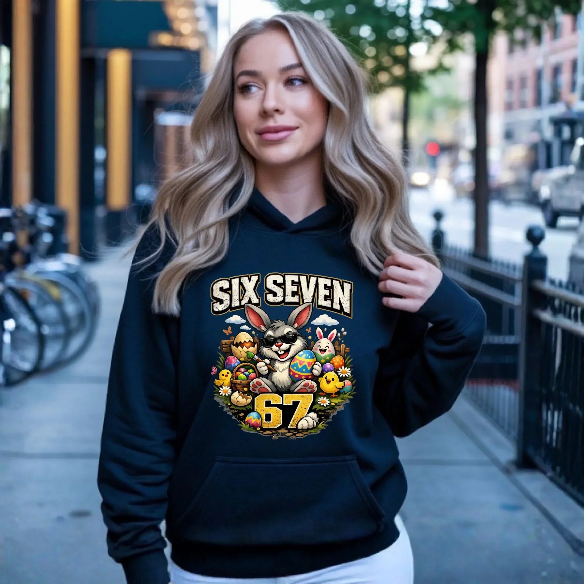 Bluza damska z kapturem wielkanocna - Zając Six Seven 67 WN10 - StoryCups.pl