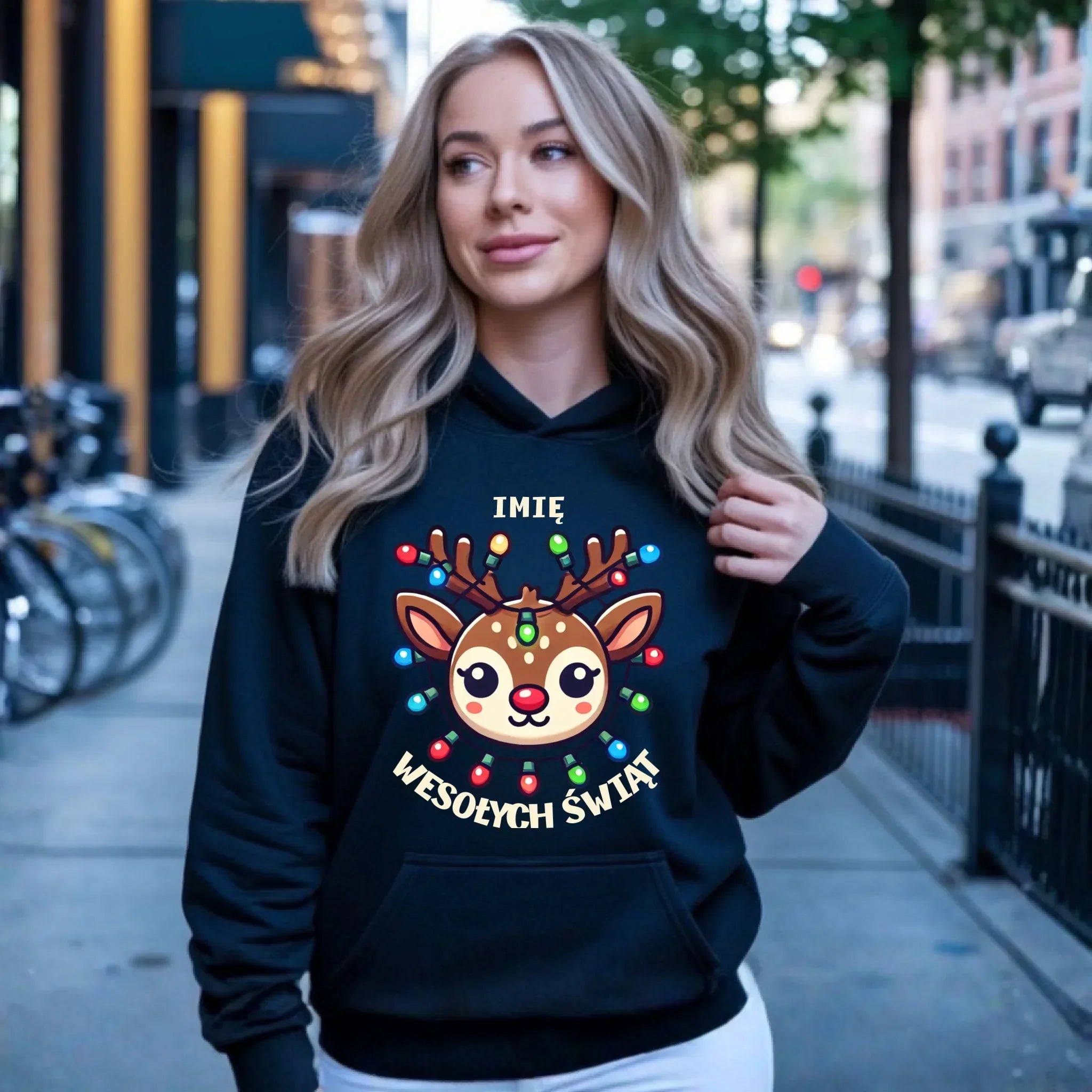 Bluza damska z kapturem świąteczna - Renifer Wesołych Świąt - personalizowana BN72 - StoryCups.pl