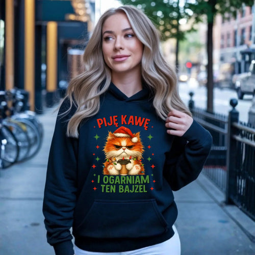Bluza damska z kapturem świąteczna - Kot Piję kawę i ogarniam ten bajzel BN39 - StoryCups.pl