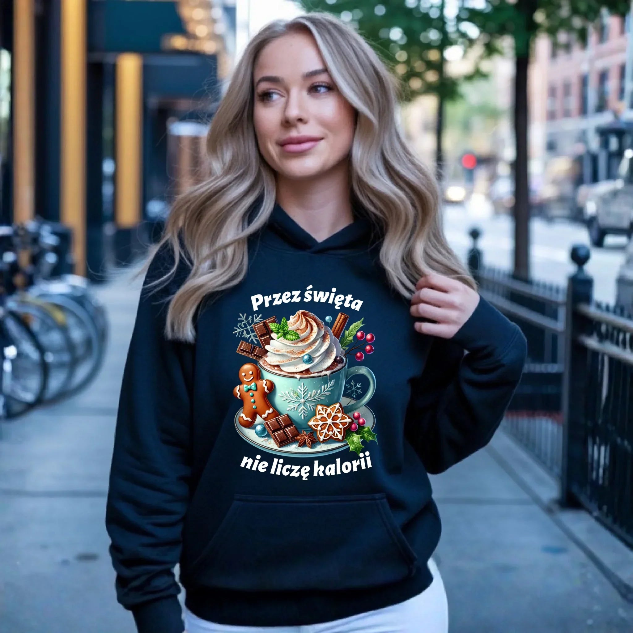 Bluza damska z kapturem świąteczna - Przez święta nie liczę kalorii BN31 - StoryCups.pl