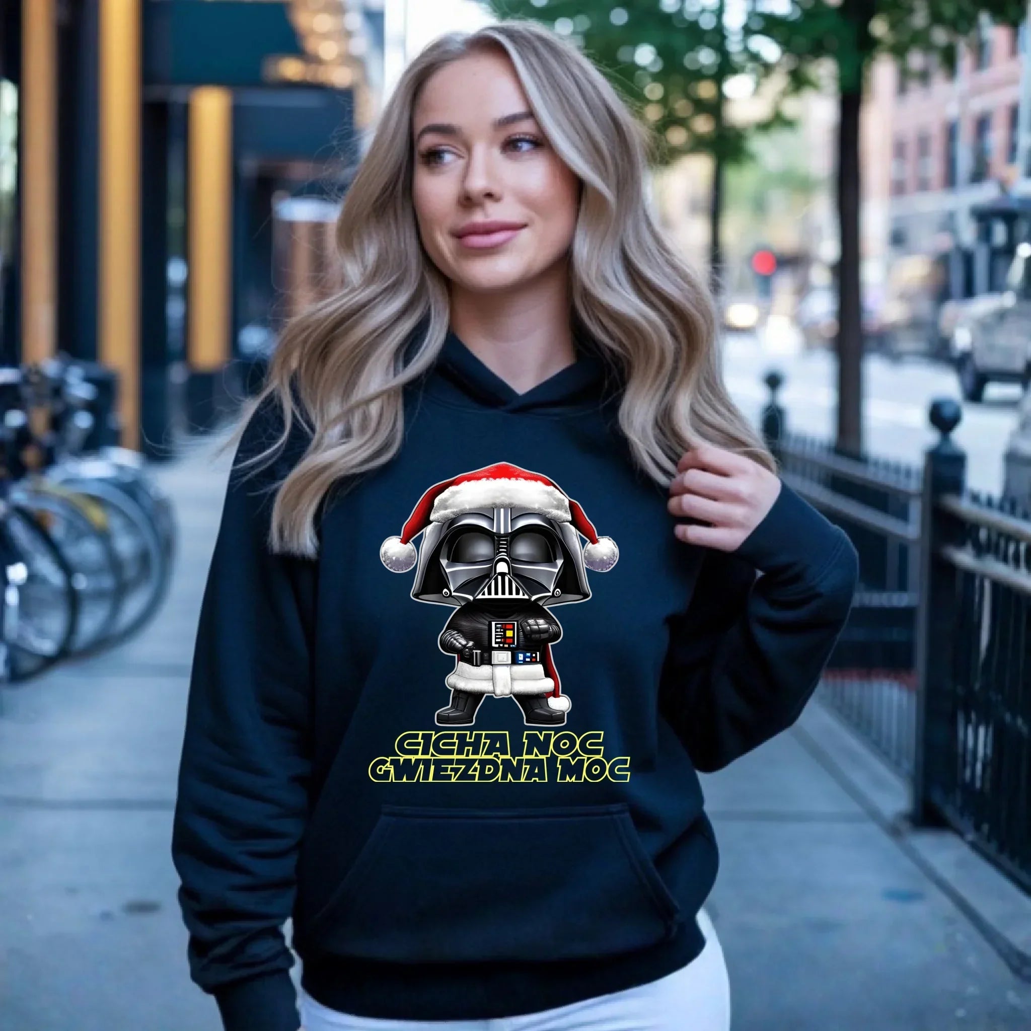 Bluza damska z kapturem świąteczna dla fanów Gwiezdnych Wojen - Cicha noc, gwiezdna moc BN132 - StoryCups.pl