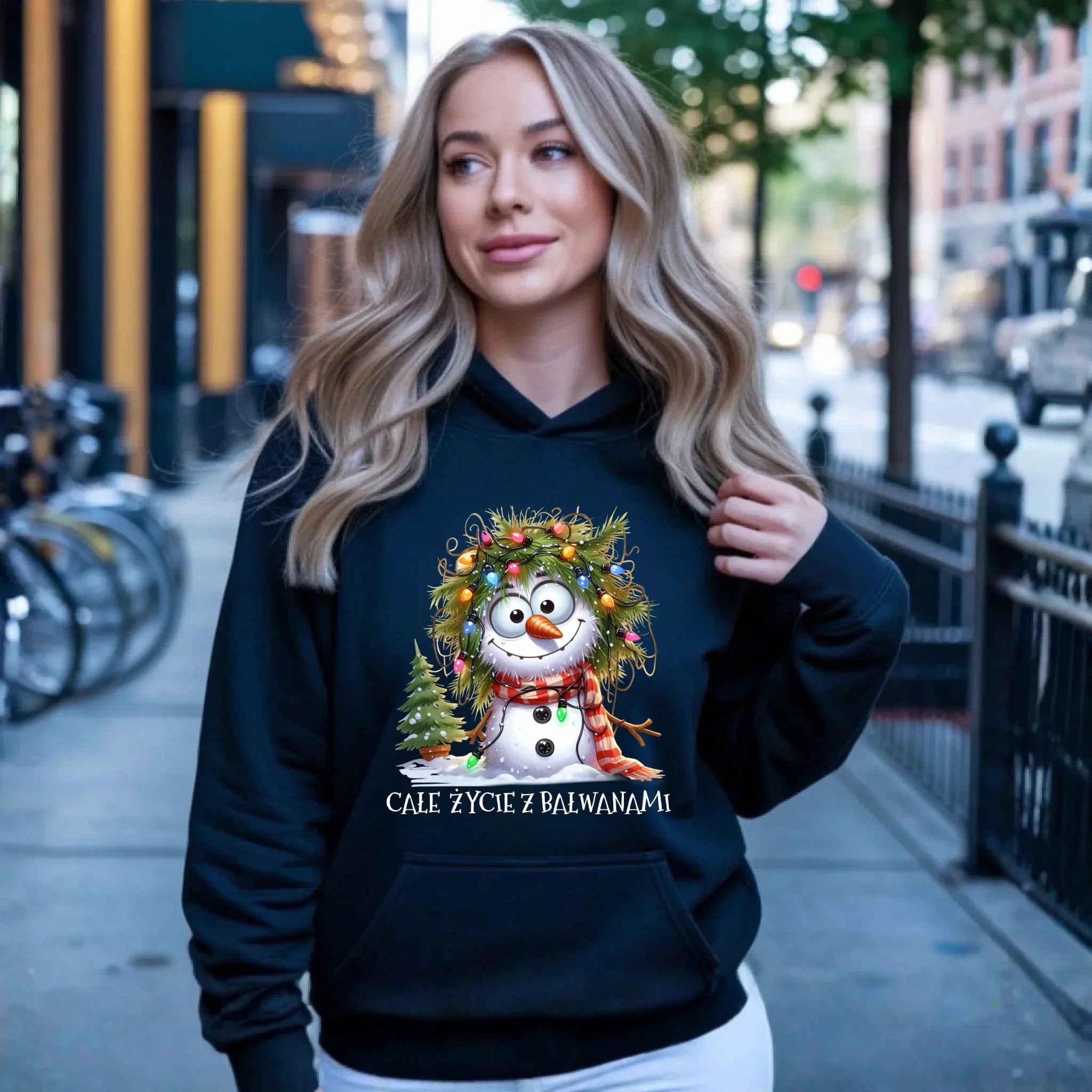 Bluza damska z kapturem świąteczna - Całe życie z bałwanami BN125 - StoryCups.pl