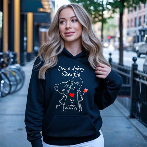 Bluza damska z kapturem dla par - Dzień dobry Skarbie - personalizowana W15 - StoryCups.pl
