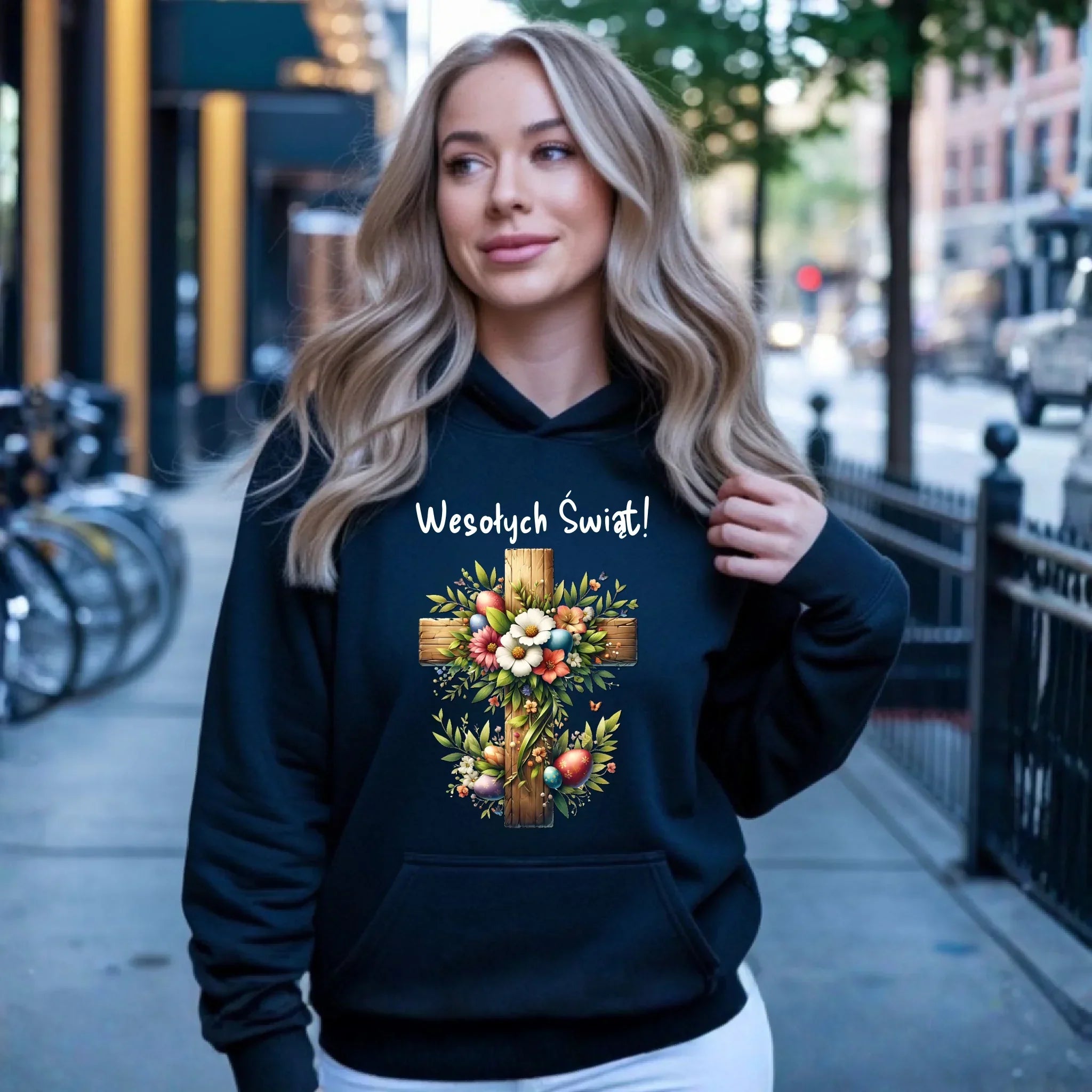 Bluza damska z kapturem na Wielkanoc - Krzyż z kwiatami Wesołych Świąt WN02 - StoryCups.pl
