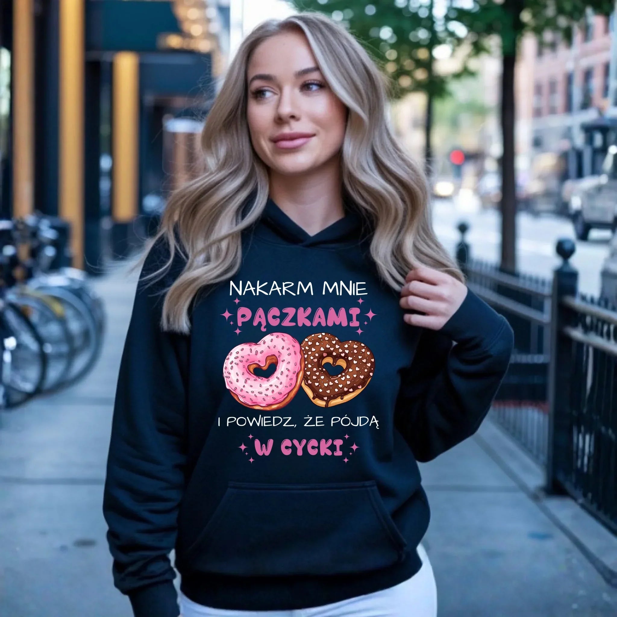 Bluza damska z kapturem - Nakarm mnie pączkami W59 - StoryCups.pl