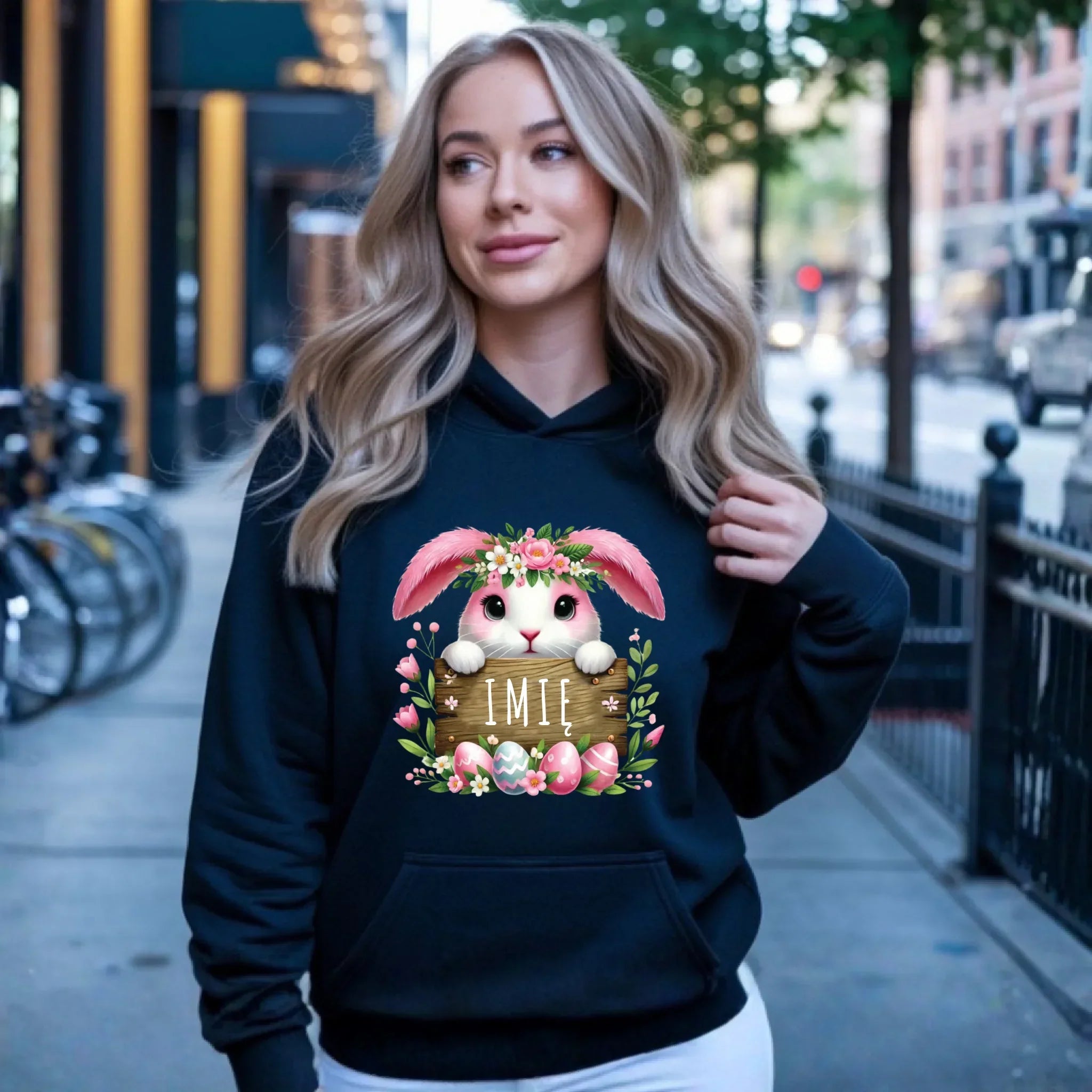 Bluza damska z kapturem na Wielkanoc - Różowy Zajączek - personalizowana WN07 - StoryCups.pl