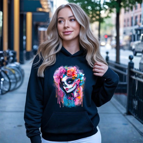 Bluza damska z kapturem Halloween - kolorowa czaszka z kwiatami La Muerte HL05 - StoryCups.pl