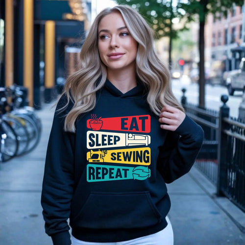 Bluza damska z kapturem szyciowa dla krawcowej - Eat sleep sewing repeat HS21 - StoryCups.pl