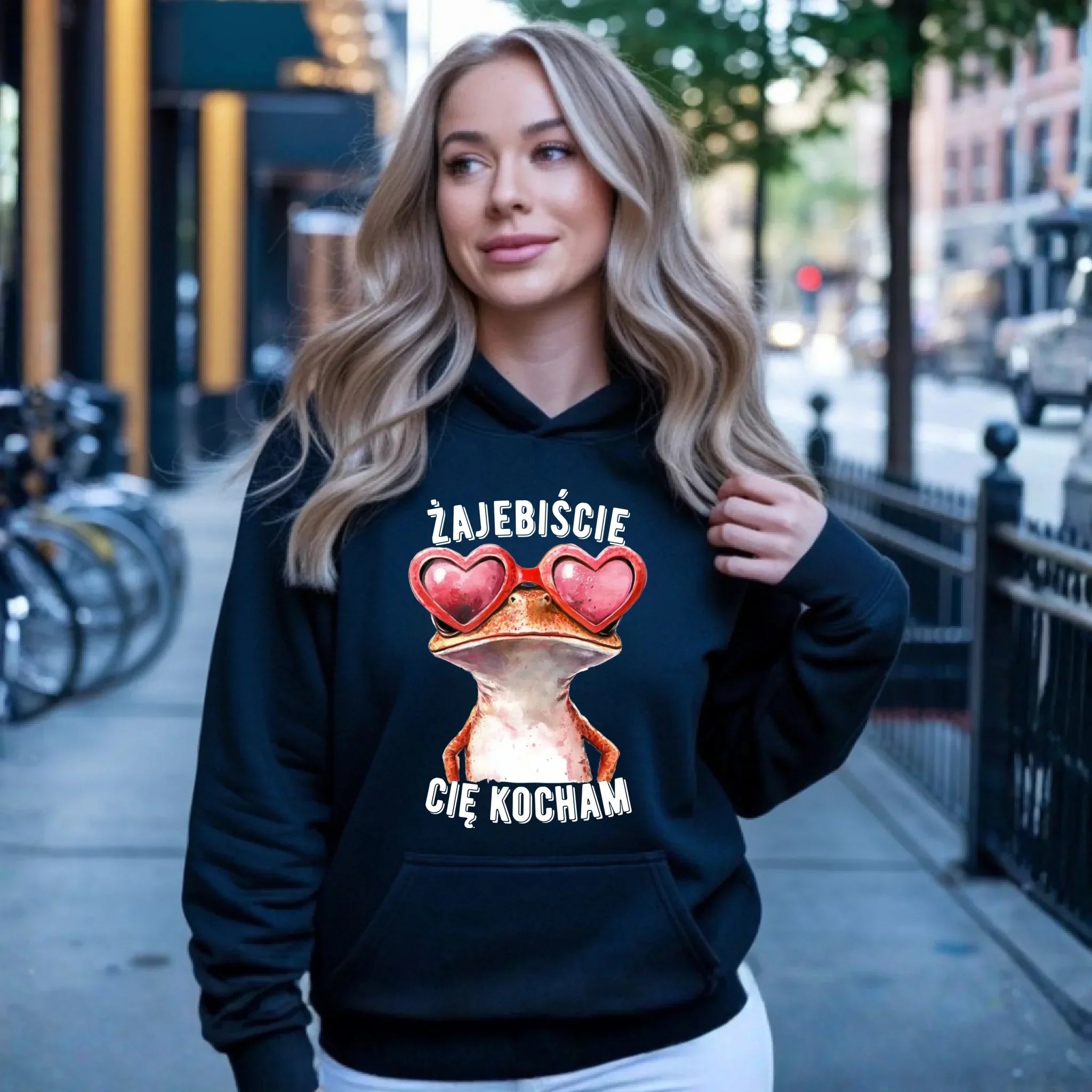 Bluza damska z kapturem dla par - Żajebiście Cię Kocham Żaba W17 - StoryCups.pl