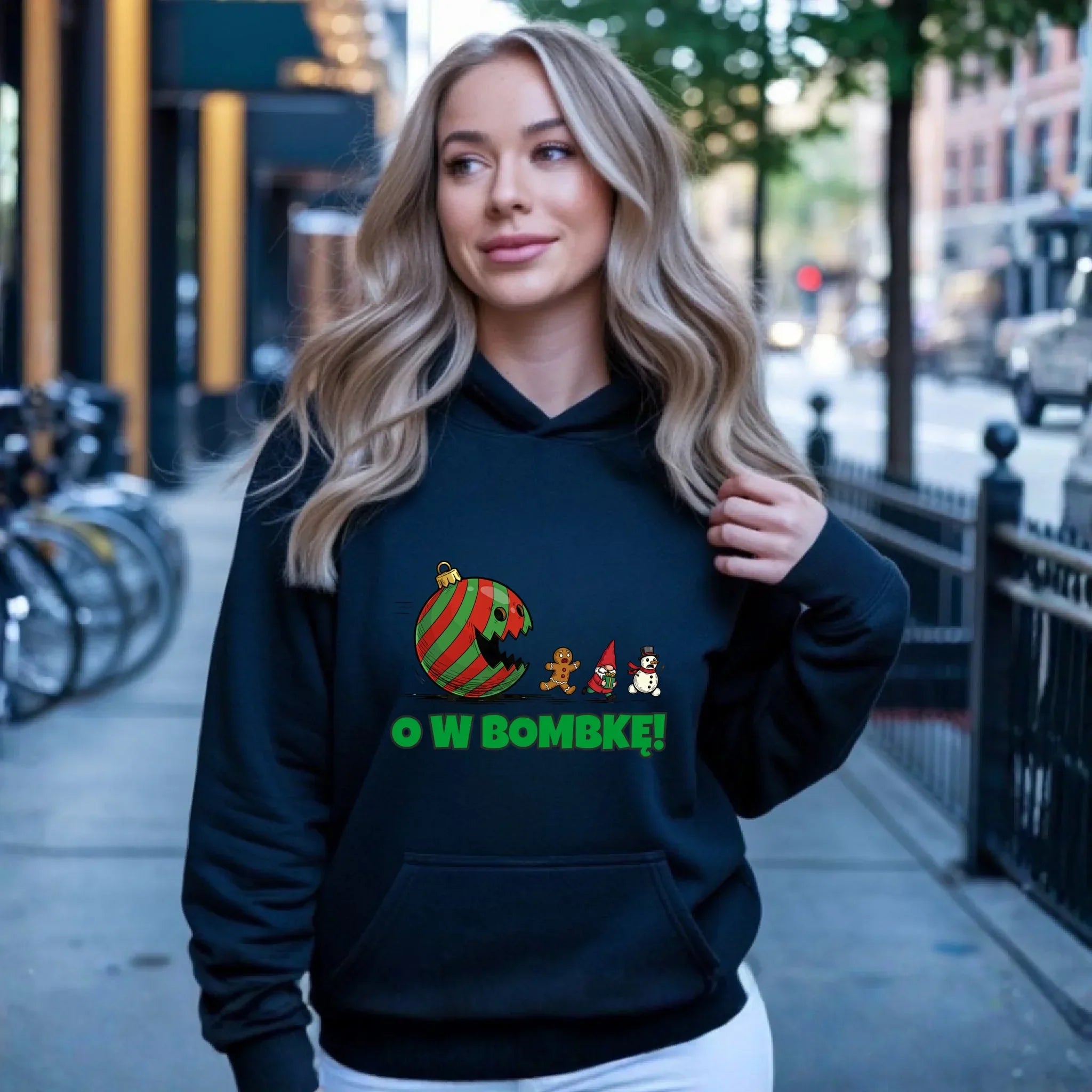 Bluza damska z kapturem świąteczna - O w bombkę BN142 - StoryCups.pl