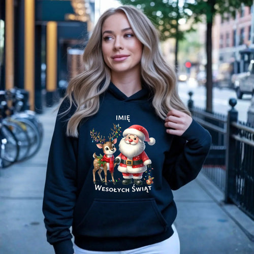 Bluza damska z kapturem świąteczna - Mikołaj z reniferem - personalizowana BN09 - StoryCups.pl