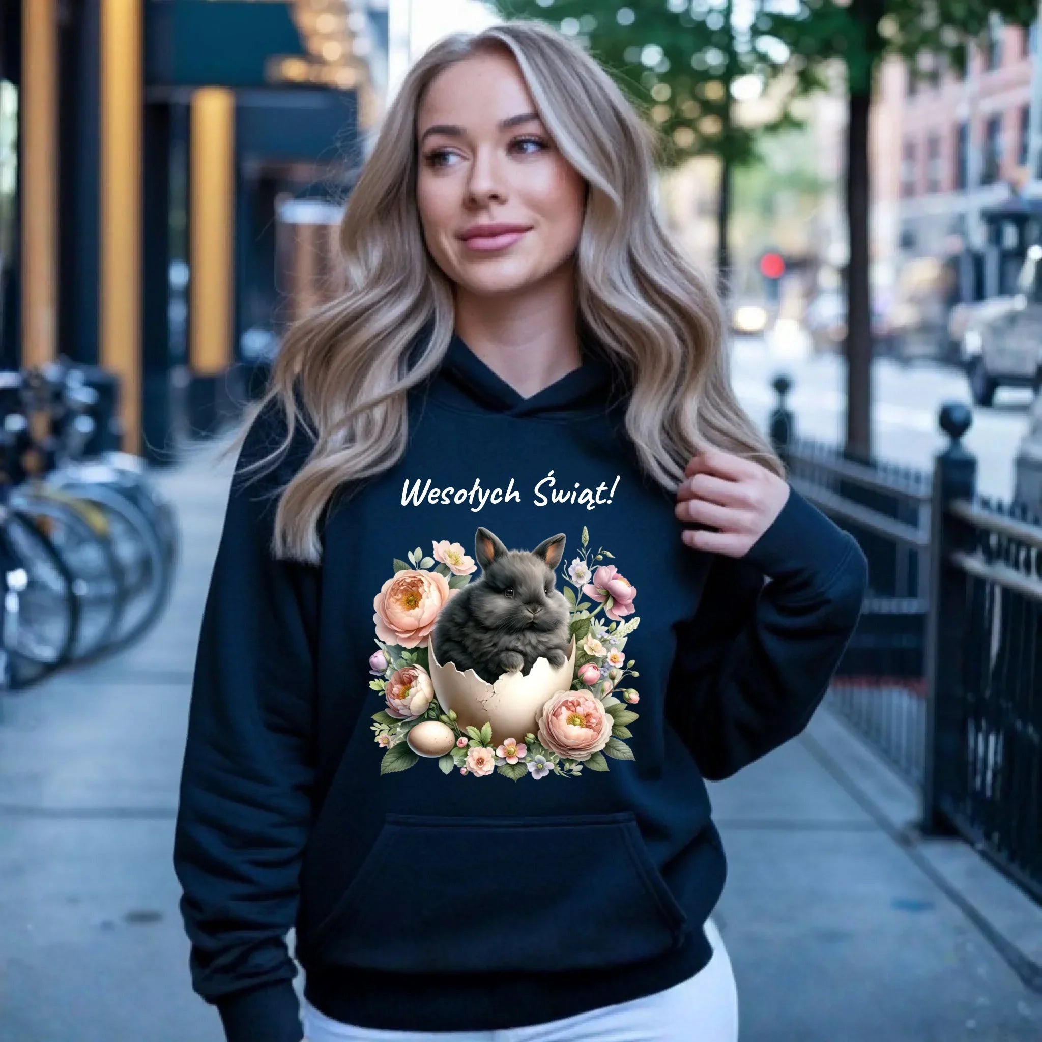 Bluza damska z kapturem na Wielkanoc - Zajączek w pisance Wesołych Świąt WN03 - StoryCups.pl