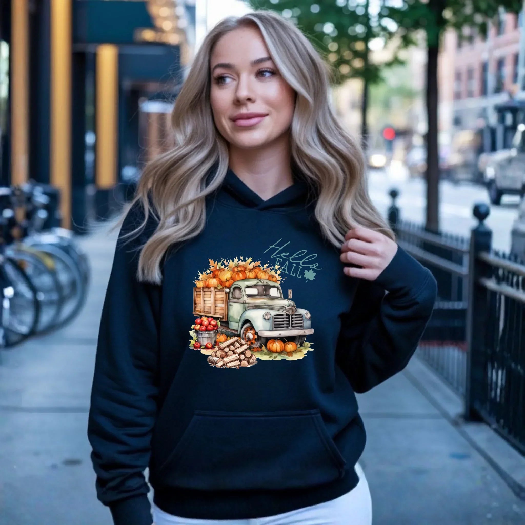 Bluza damska z kapturem – Hello Fall ciężarówka z dyniami JS08 - StoryCups.pl
