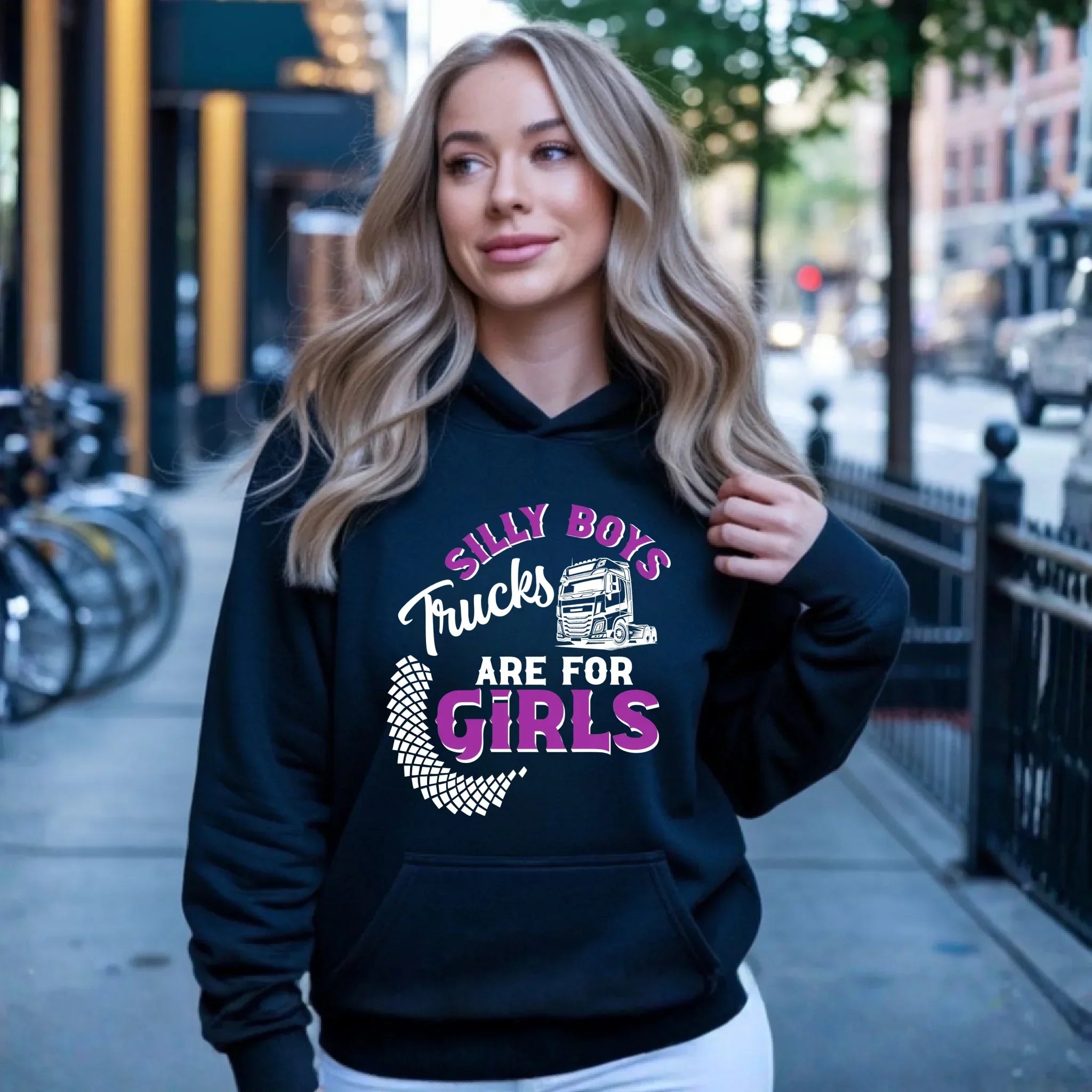 Bluza damska z kapturem - kierowca ciężarówki - Silly boys trucks are for girls ZKT11 - StoryCups.pl