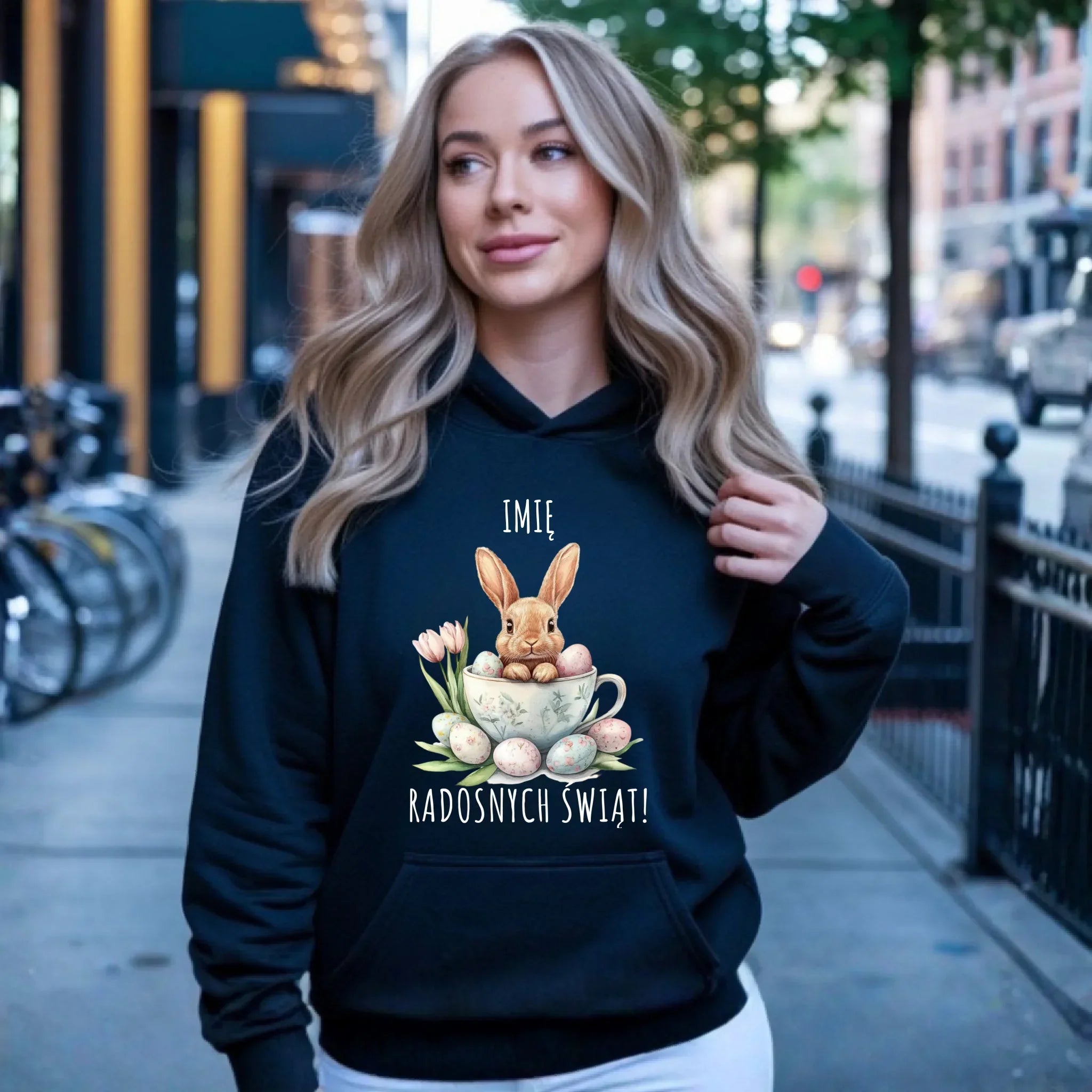 Bluza damska z kapturem na Wielkanoc - Zajączek radosnych świąt - personalizowana WN01 - StoryCups.pl
