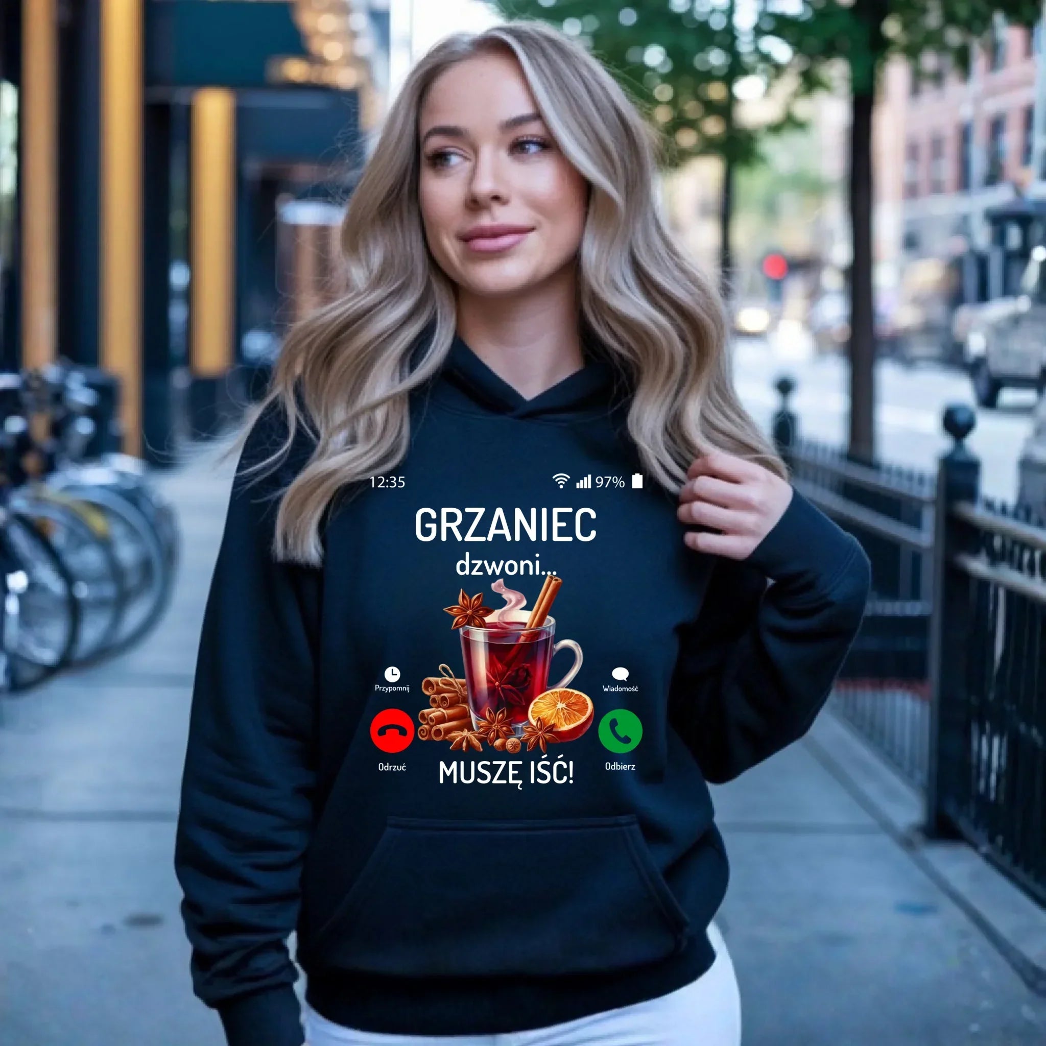 Bluza damska z kapturem świąteczna - Grzaniec dzwoni, muszę iść BN127 - StoryCups.pl