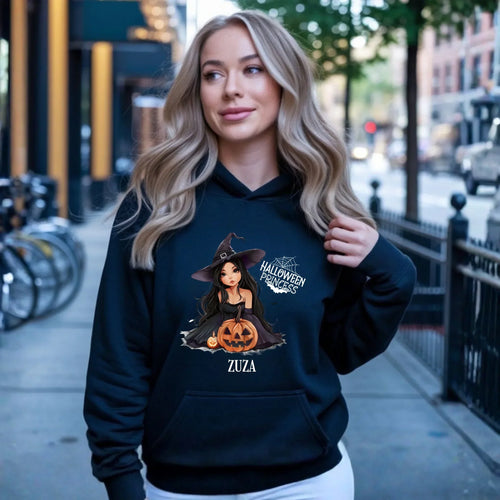 Bluza damska z kapturem halloweenowa - Czarownica z dynią - personalizowana HL10 - StoryCups.pl