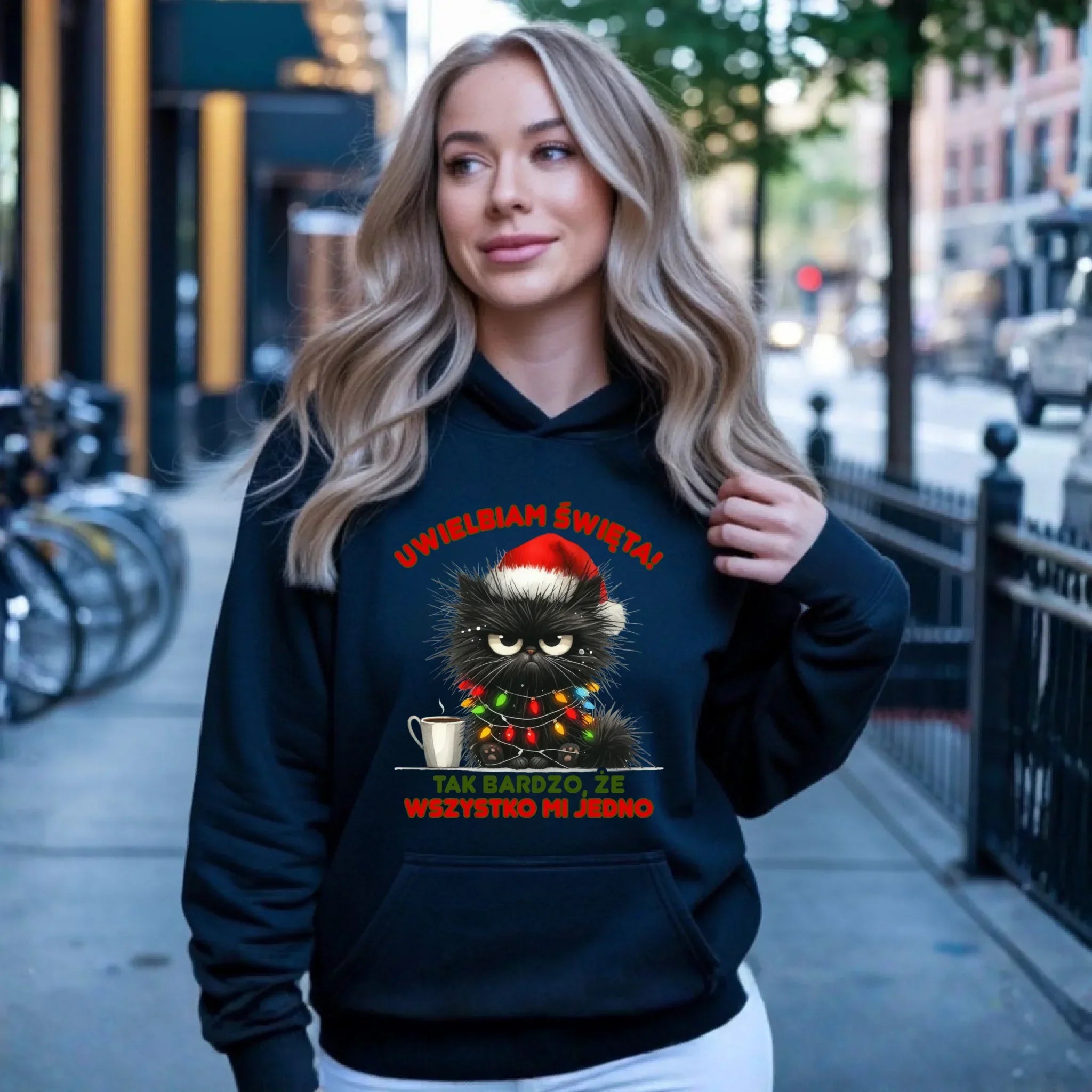 Bluza damska z kapturem świąteczna - Kot Maruda Wszystko mi jedno BN35 - StoryCups.pl