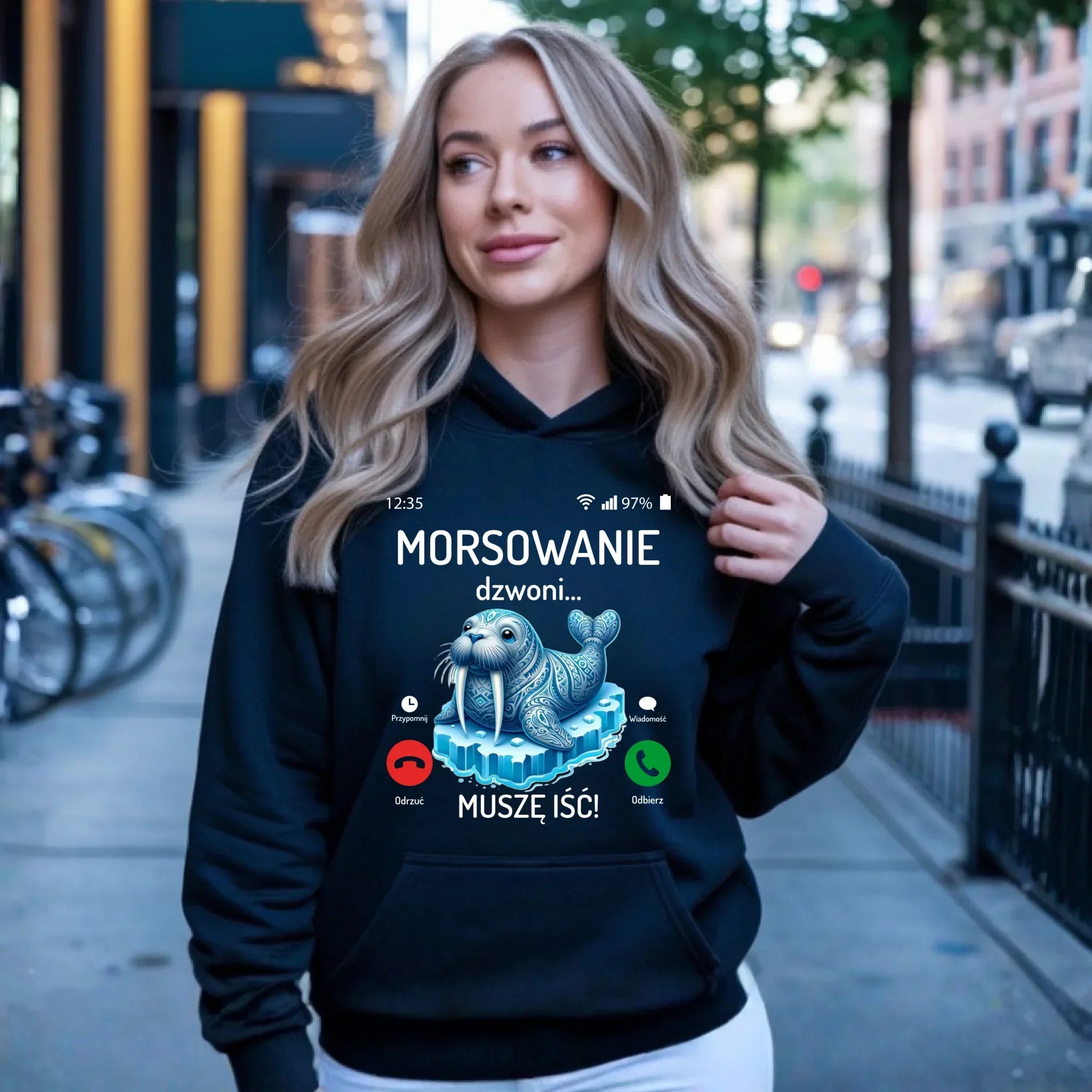 Bluza damska z kapturem - prezent dla morsa - Morsowanie dzwoni muszę iść - Mors HM04 - StoryCups.pl