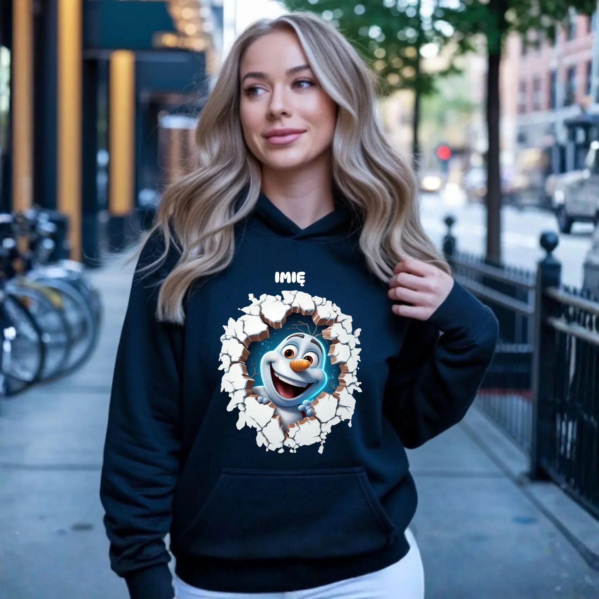 Bluza damska z kapturem świąteczna - Bałwan 3D - personalizowana BN84 - StoryCups.pl