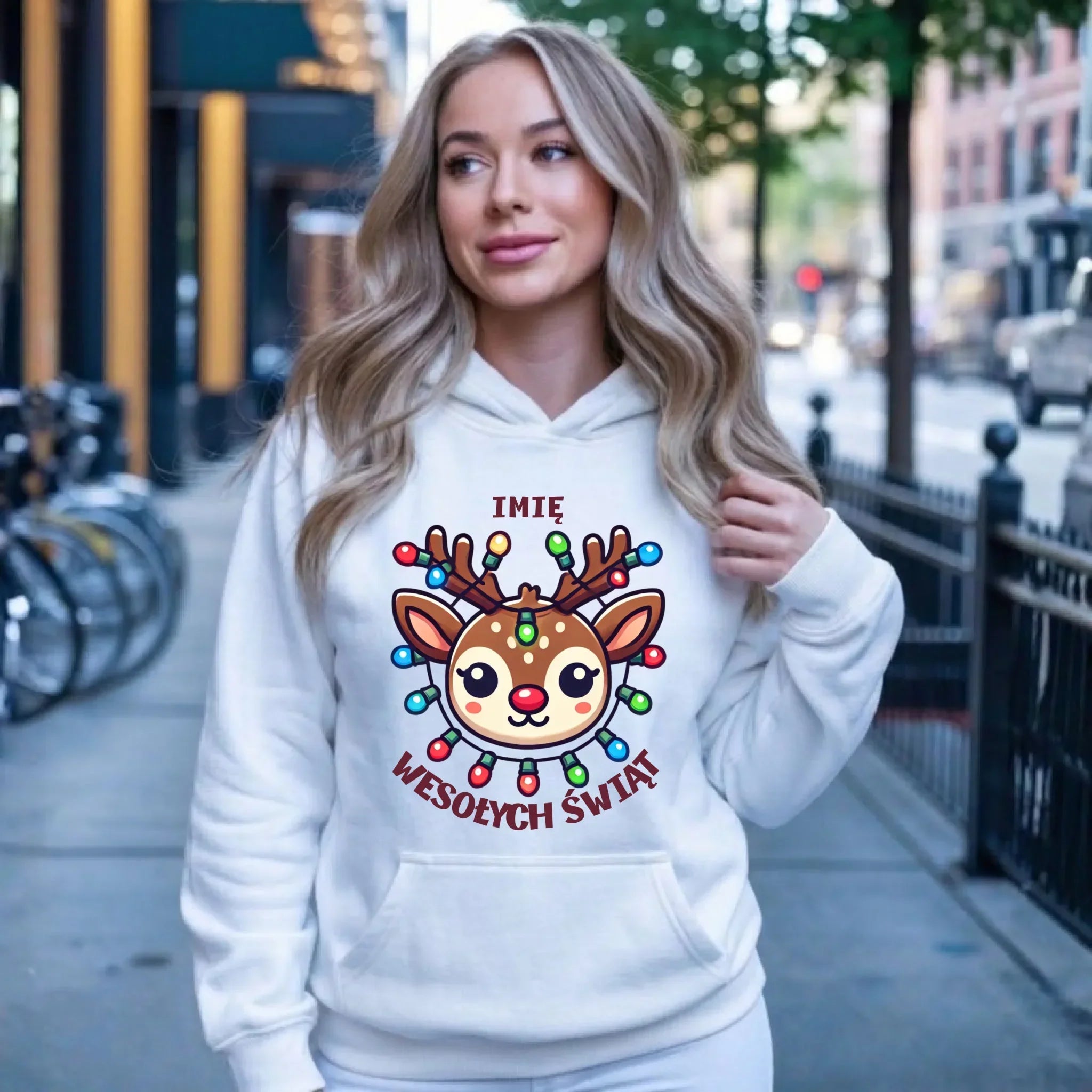 Bluza damska z kapturem świąteczna - Renifer Wesołych Świąt - personalizowana BN72 - StoryCups.pl