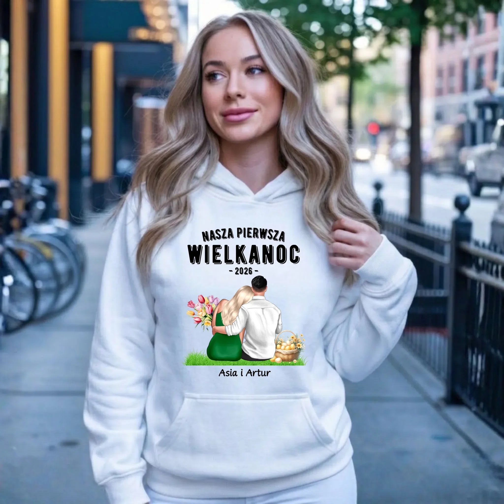 Bluza damska z kapturem wielkanocna dla par - Nasza pierwsza Wielkanoc - personalizowana WN16 - StoryCups.pl