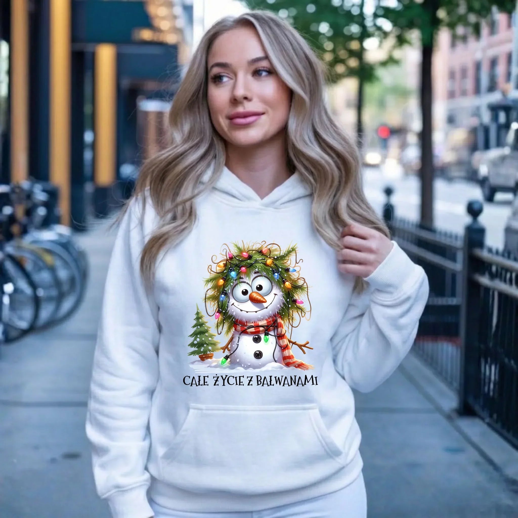Bluza damska z kapturem świąteczna - Całe życie z bałwanami BN125 - StoryCups.pl