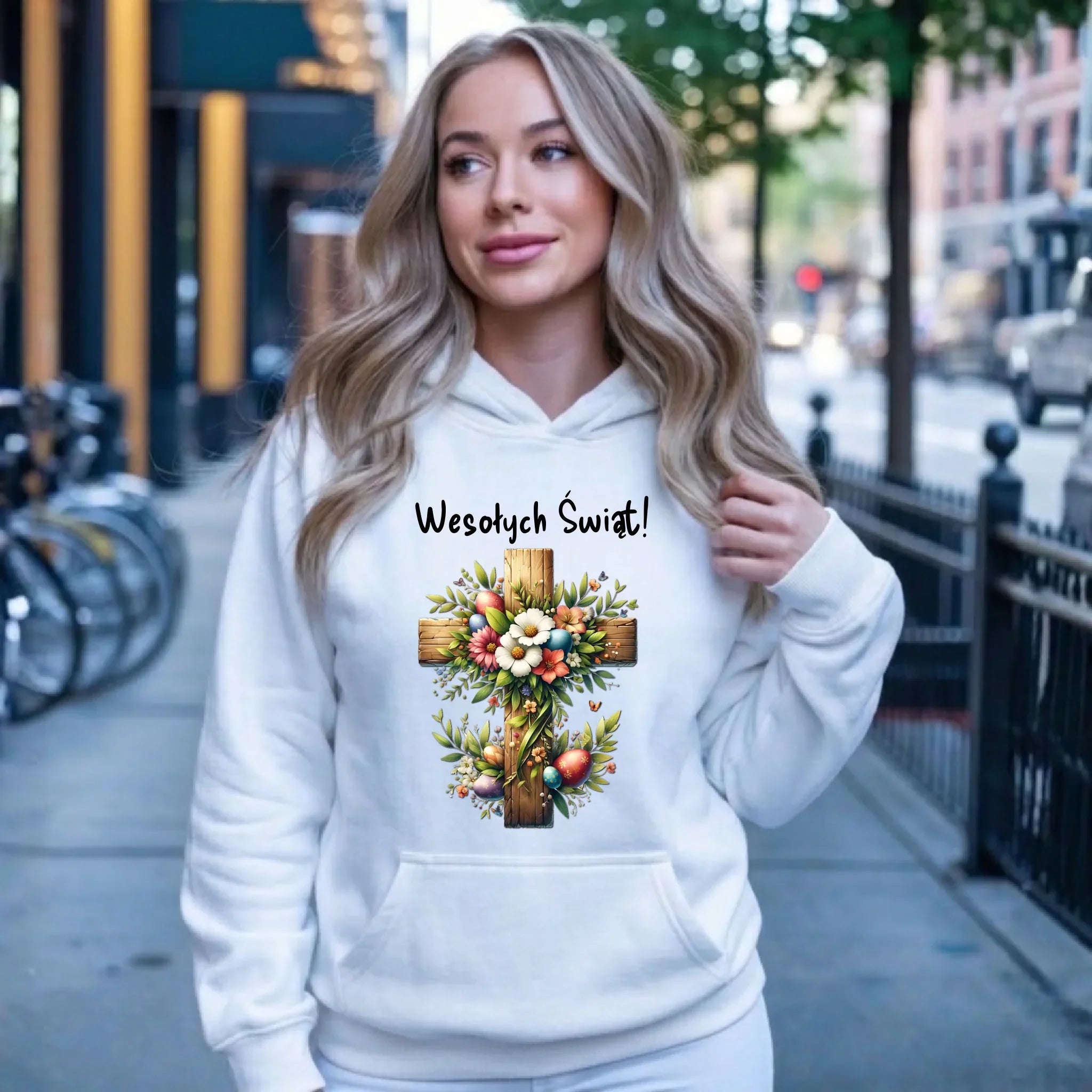 Bluza damska z kapturem na Wielkanoc - Krzyż z kwiatami Wesołych Świąt WN02 - StoryCups.pl