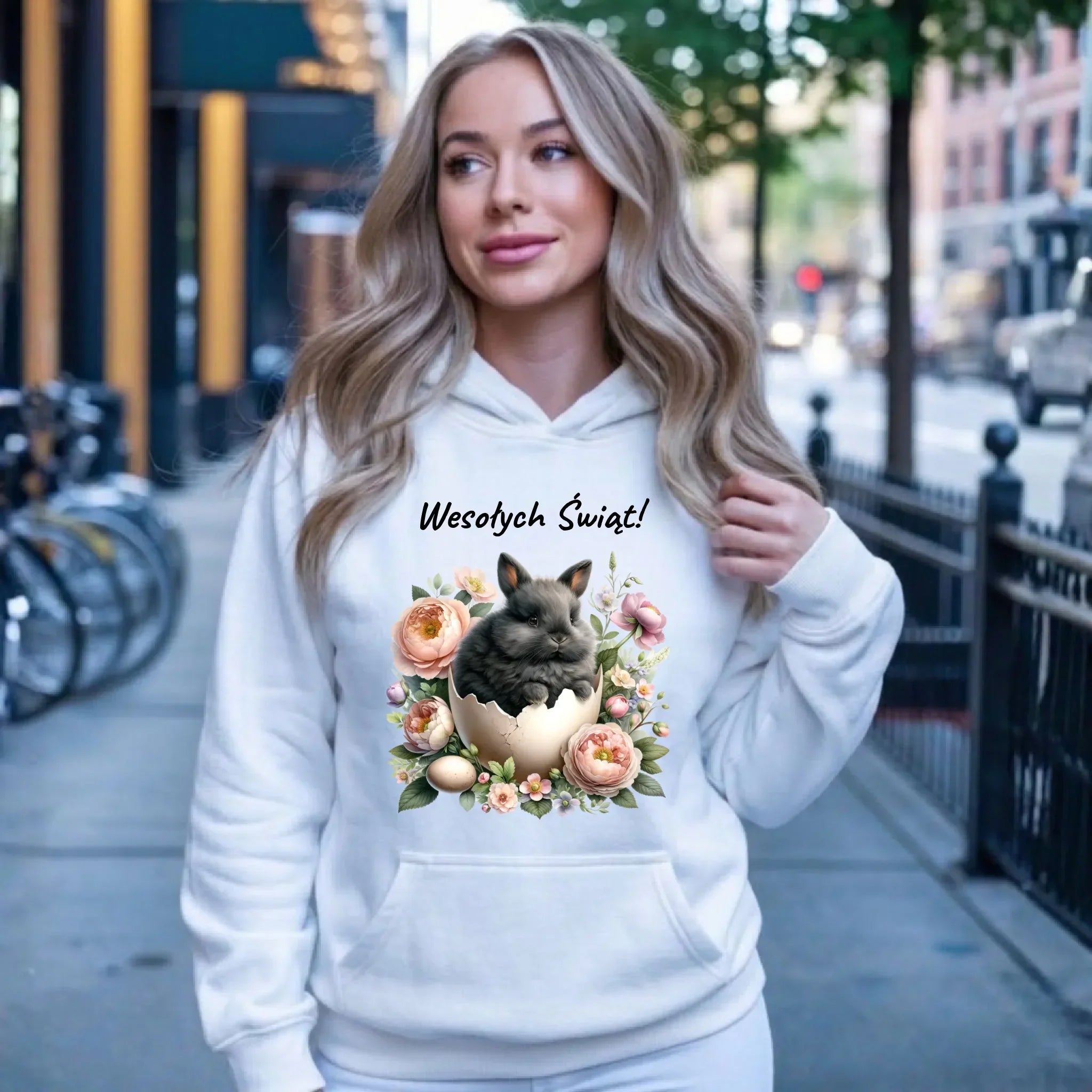 Bluza damska z kapturem na Wielkanoc - Zajączek w pisance Wesołych Świąt WN03 - StoryCups.pl