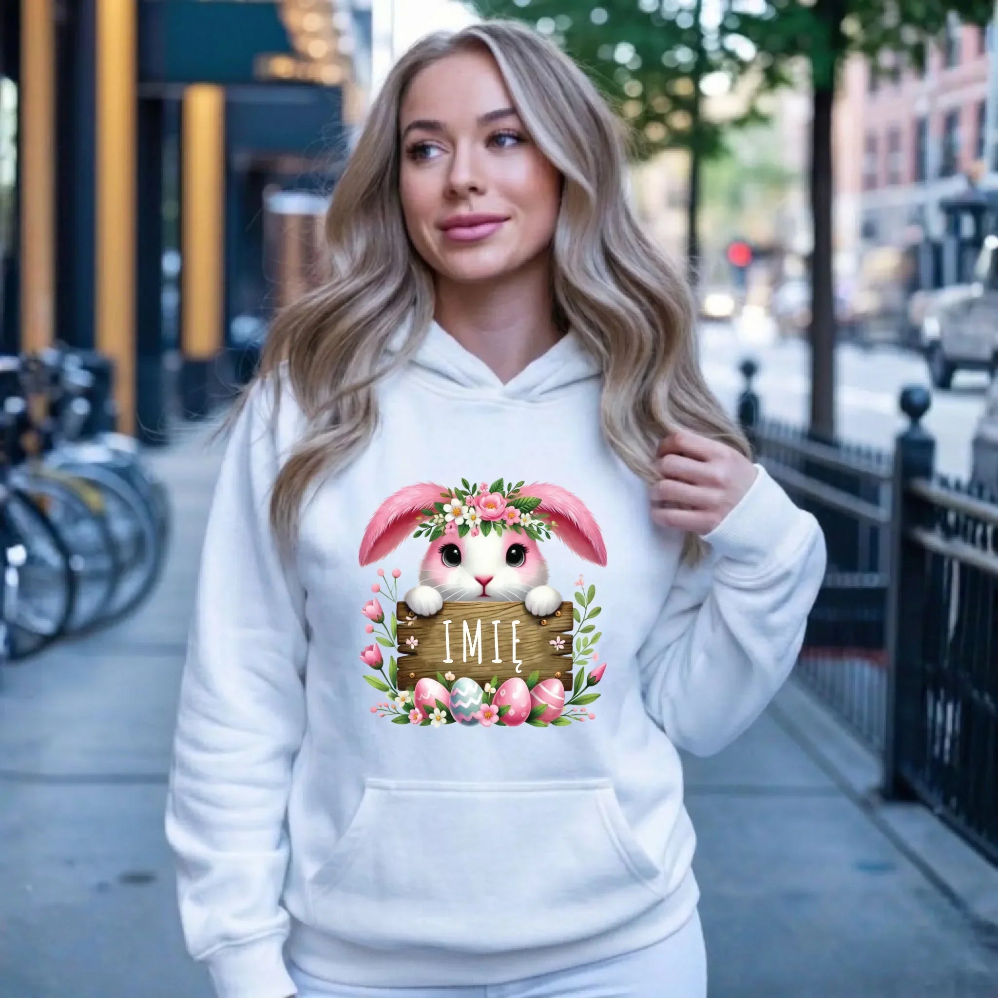 Bluza damska z kapturem na Wielkanoc - Różowy Zajączek - personalizowana WN07 - StoryCups.pl