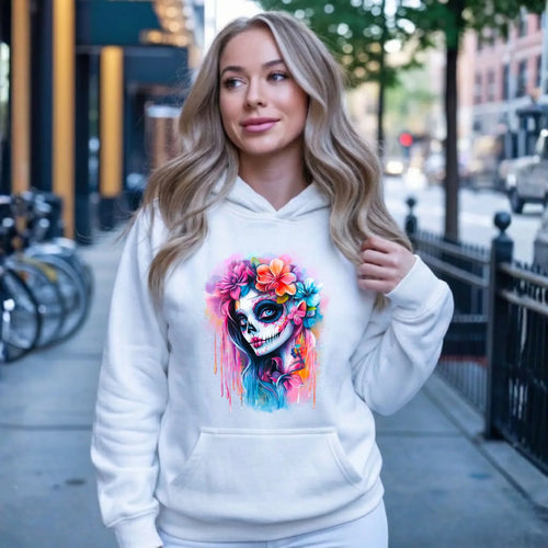 Bluza damska z kapturem Halloween - kolorowa czaszka z kwiatami La Muerte HL05 - StoryCups.pl