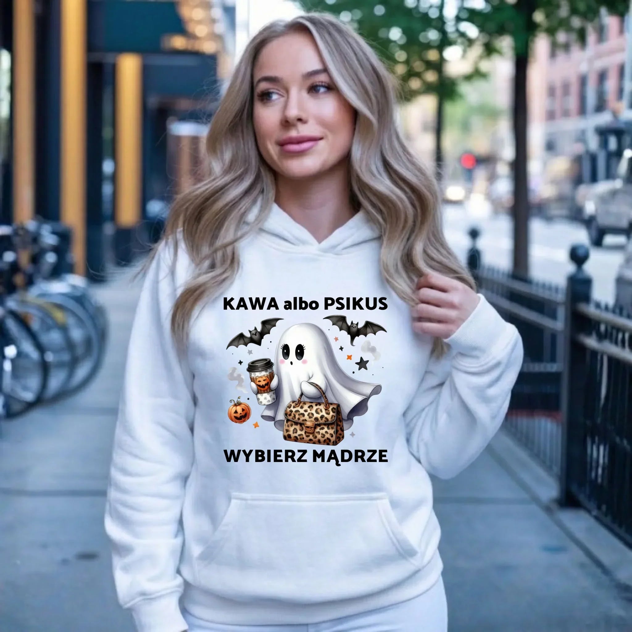 Bluza damska z kapturem halloweenowa - Duch - Kawa albo psikus HL07 - StoryCups.pl